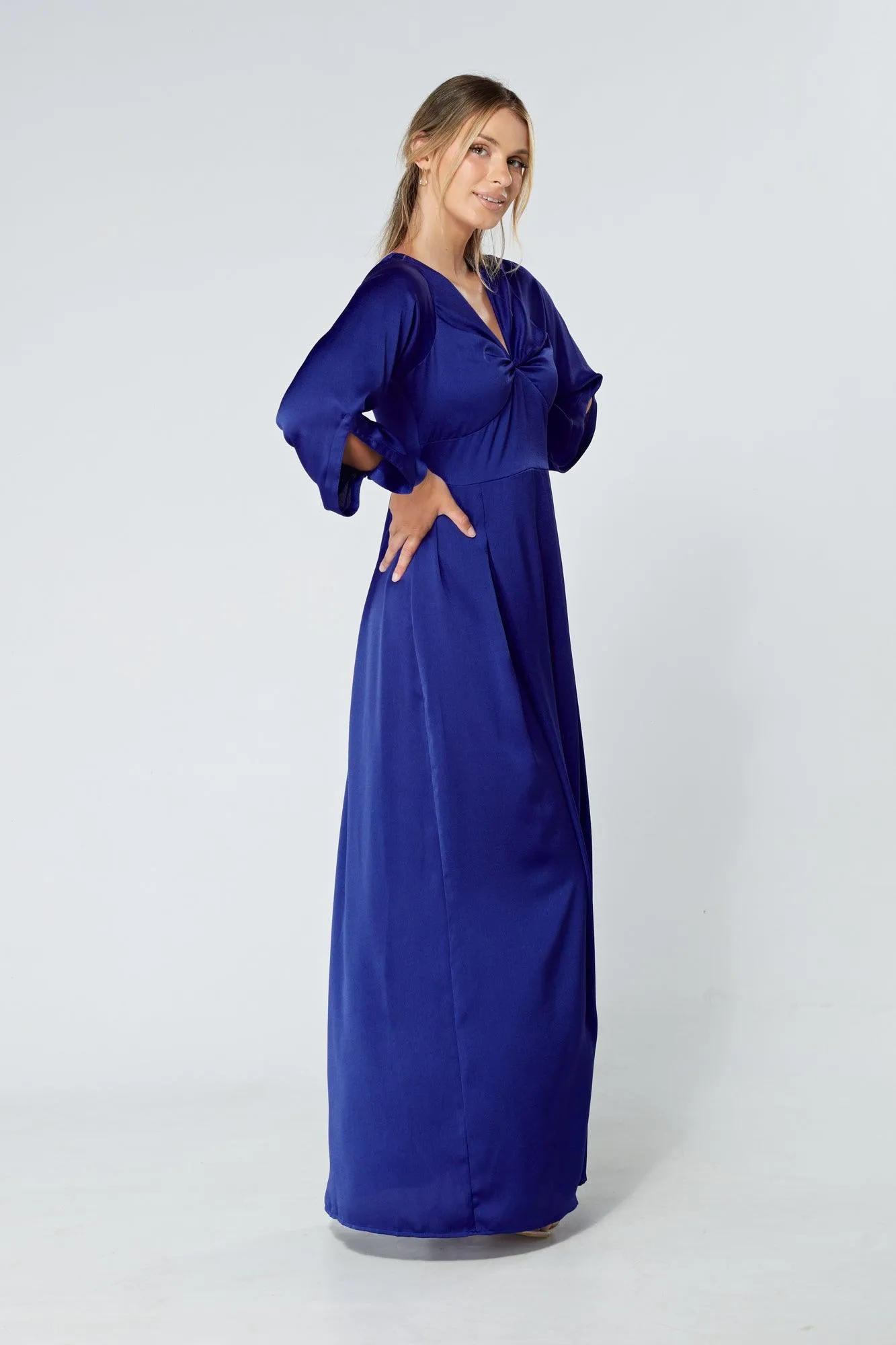 Delilah Cobalt Blue Satin-Feel Crepe Maxi Dress With Ruched Sleeves