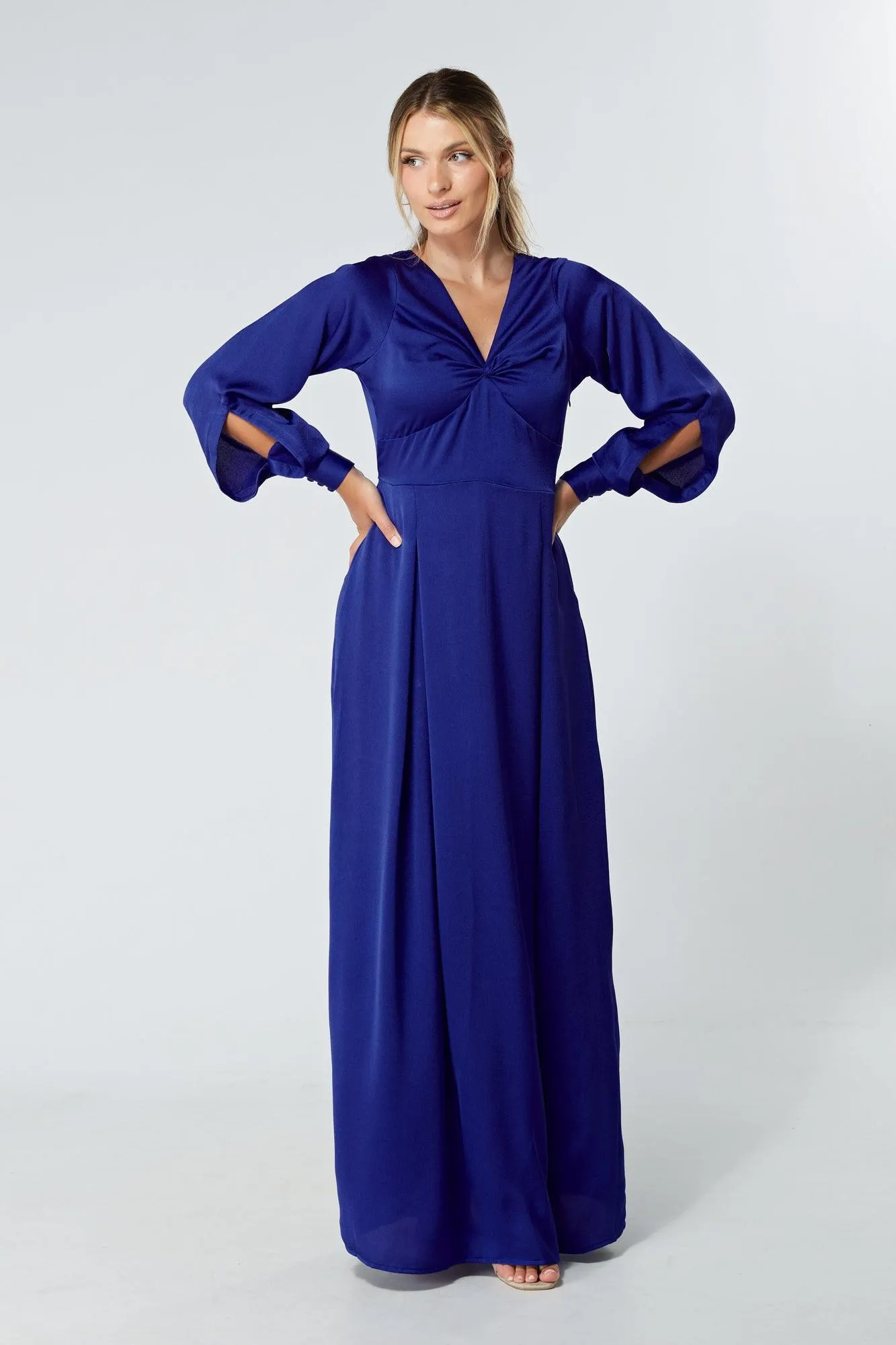 Delilah Cobalt Blue Satin-Feel Crepe Maxi Dress With Ruched Sleeves