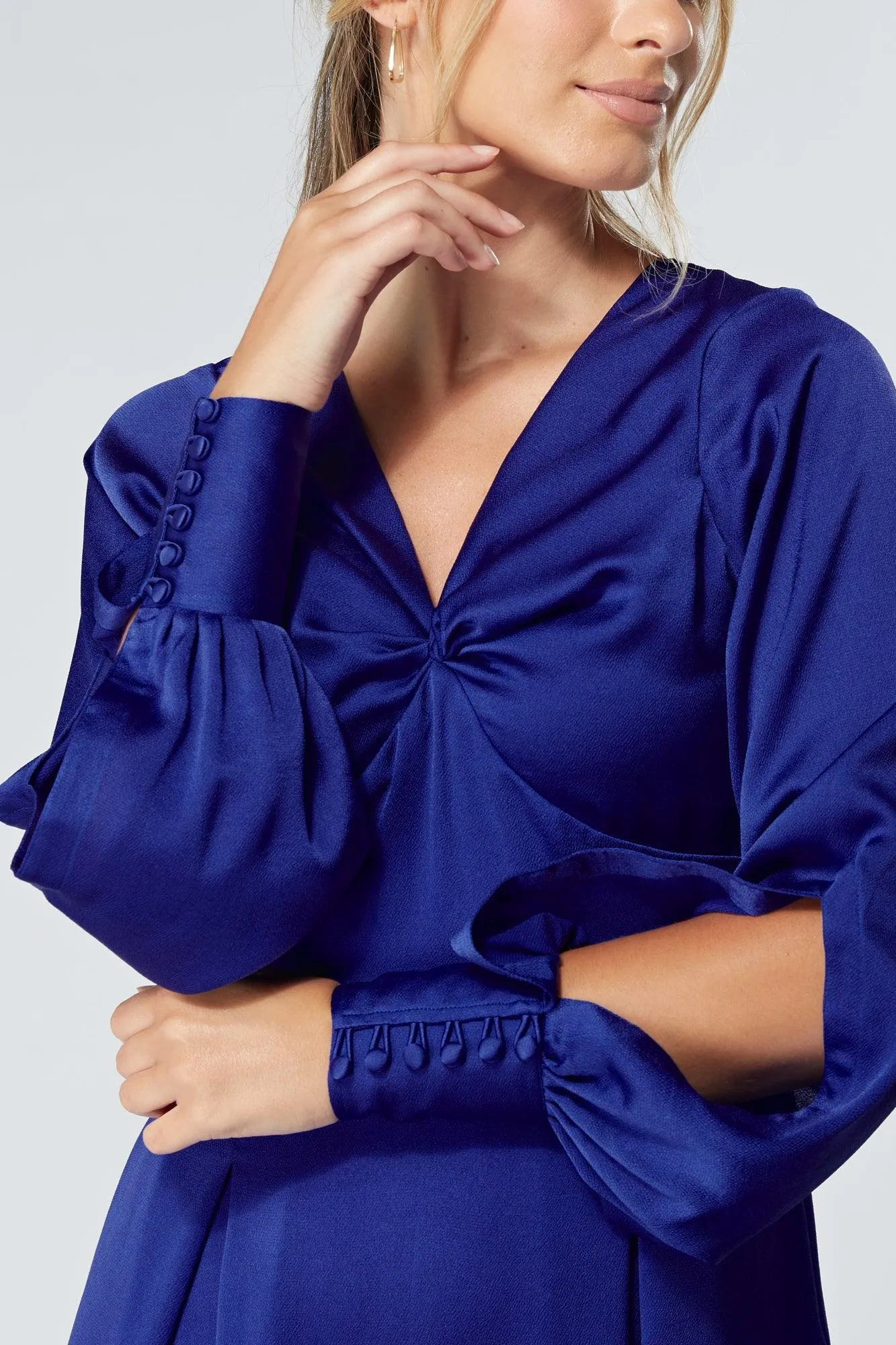 Delilah Cobalt Blue Satin-Feel Crepe Maxi Dress With Ruched Sleeves