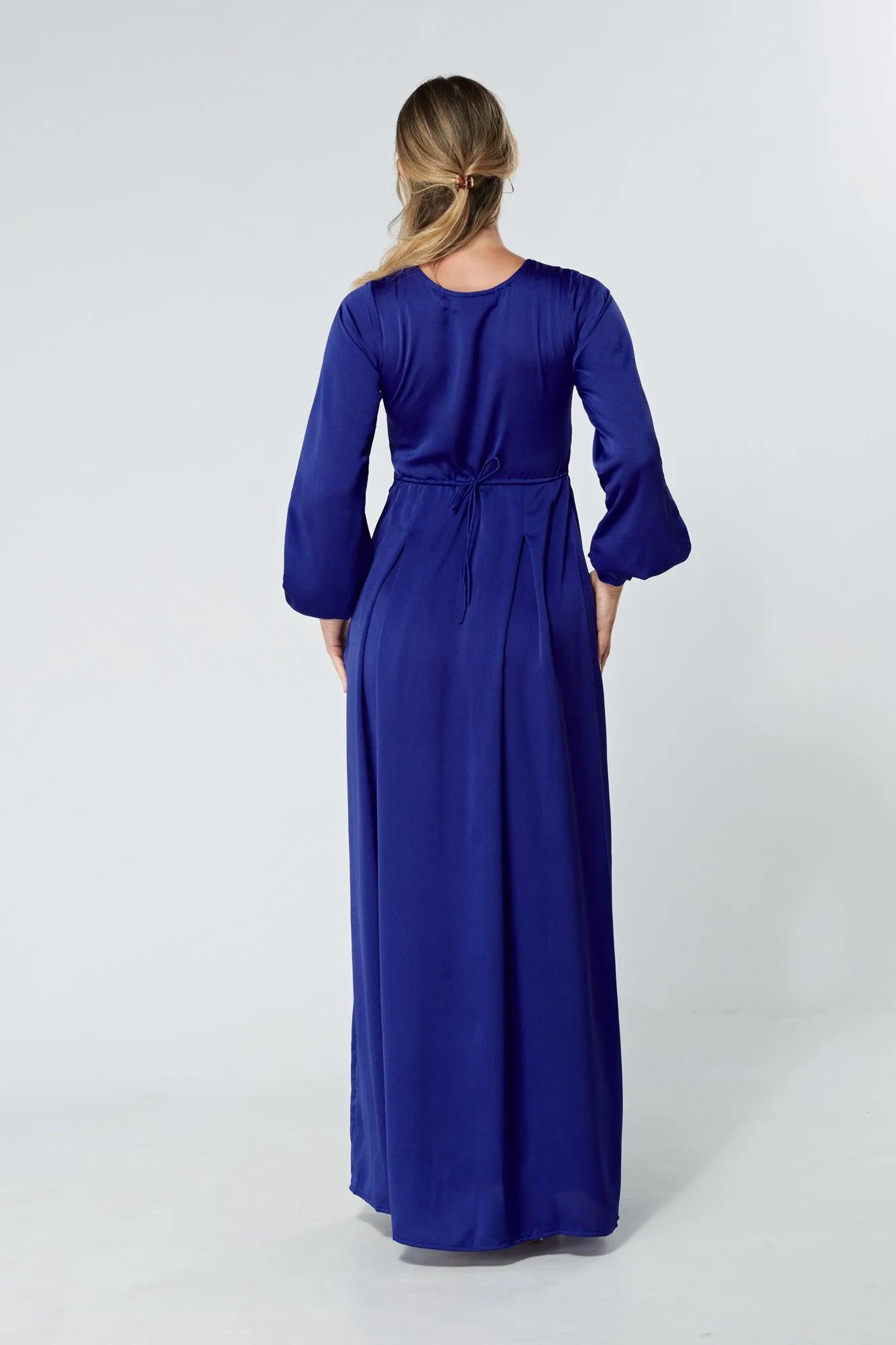 Delilah Cobalt Blue Satin-Feel Crepe Maxi Dress With Ruched Sleeves