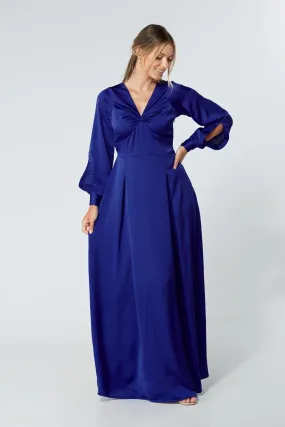 Delilah Cobalt Blue Satin-Feel Crepe Maxi Dress With Ruched Sleeves