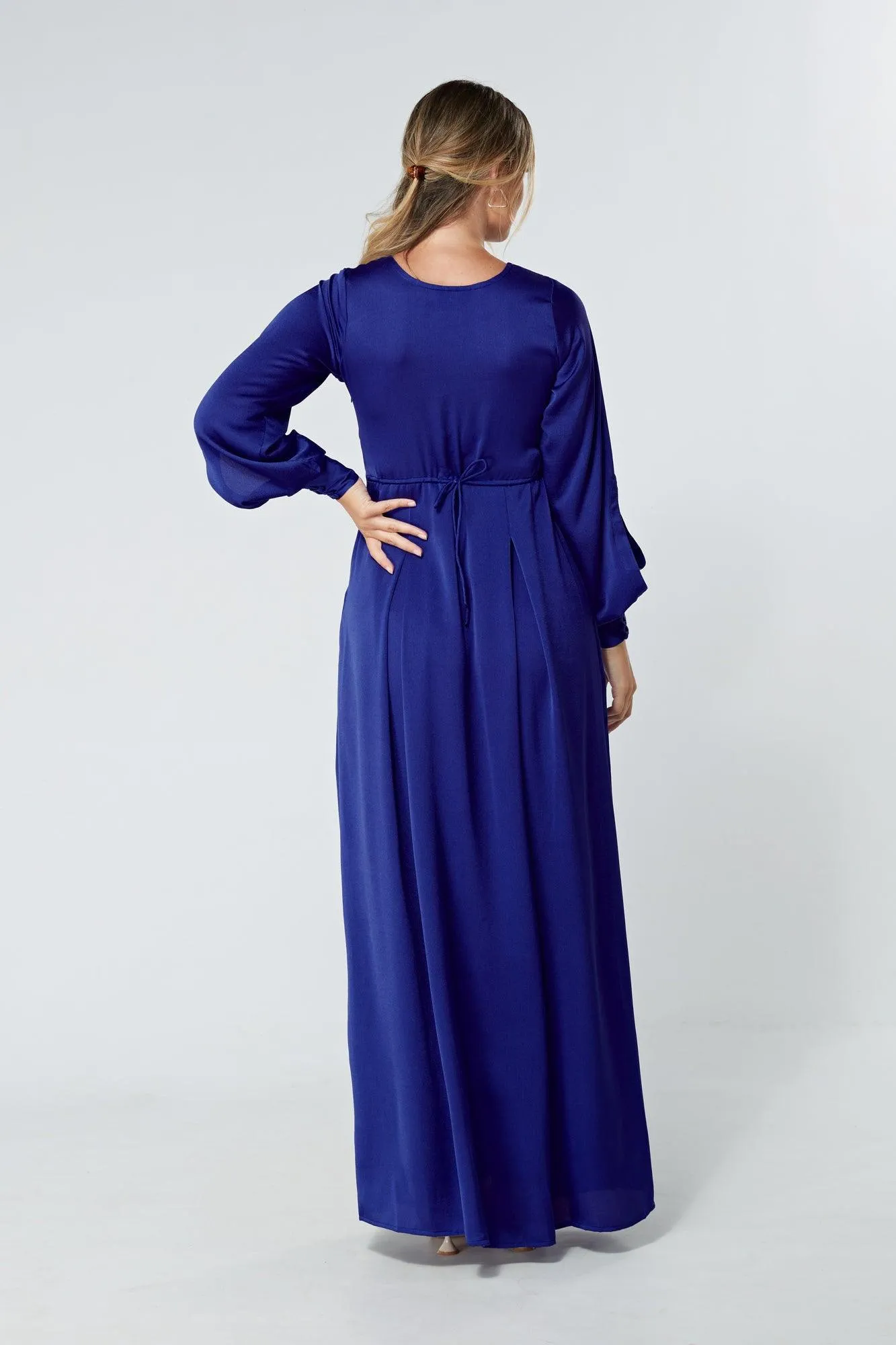 Delilah Cobalt Blue Satin-Feel Crepe Maxi Dress With Ruched Sleeves