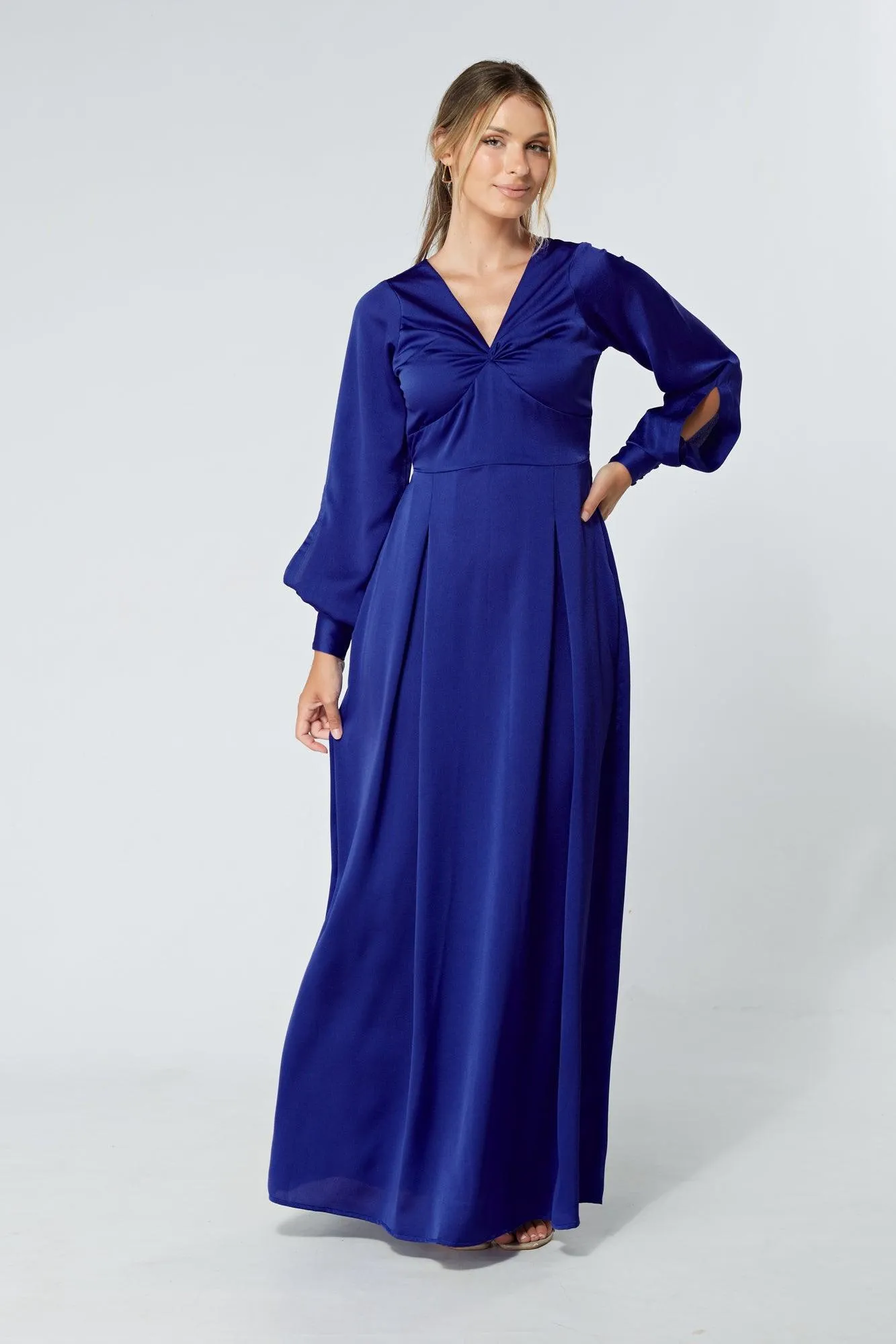 Delilah Cobalt Blue Satin-Feel Crepe Maxi Dress With Ruched Sleeves