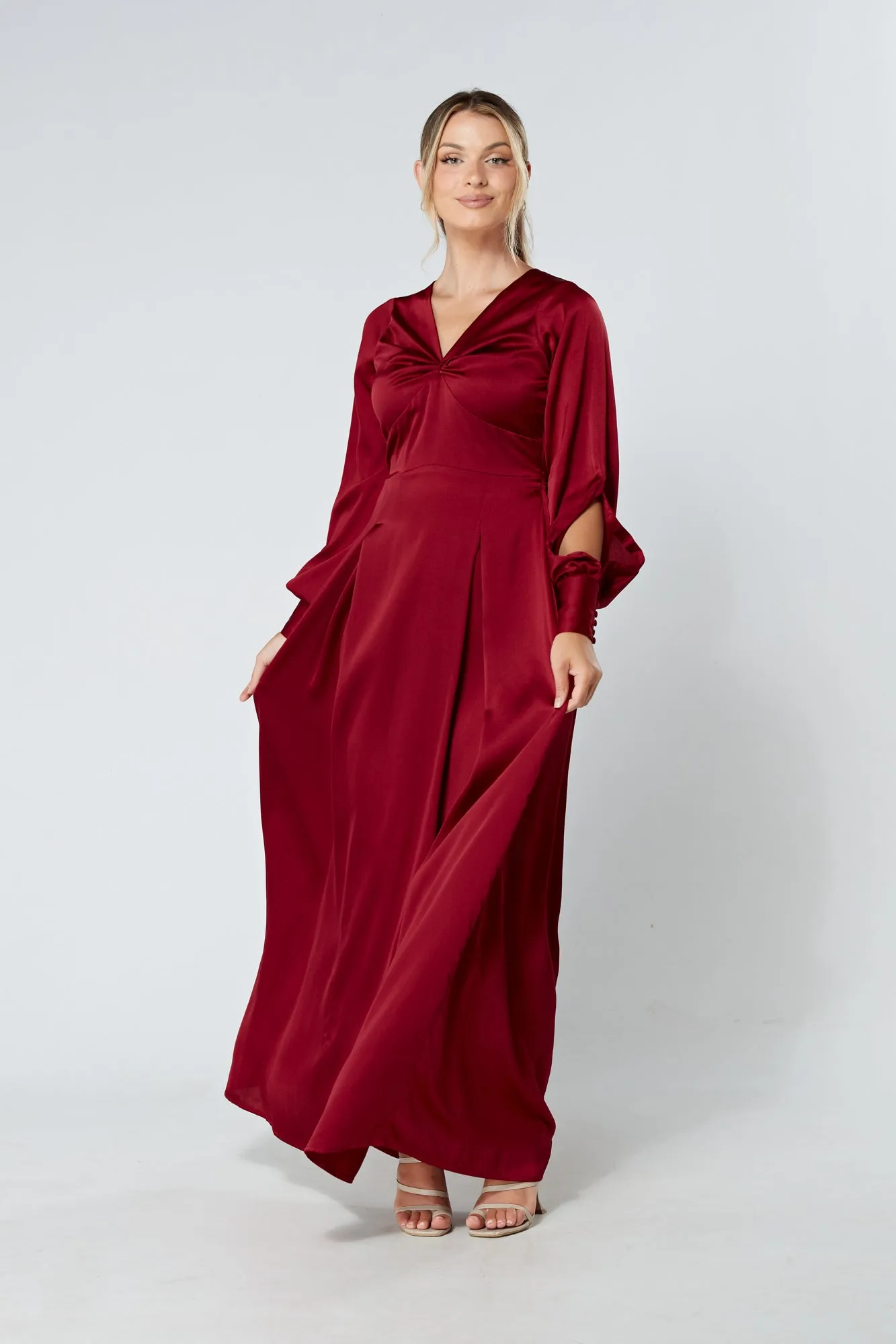 Delilah Deep Red Satin-Feel Crepe Maxi Dress With Ruched Sleeves