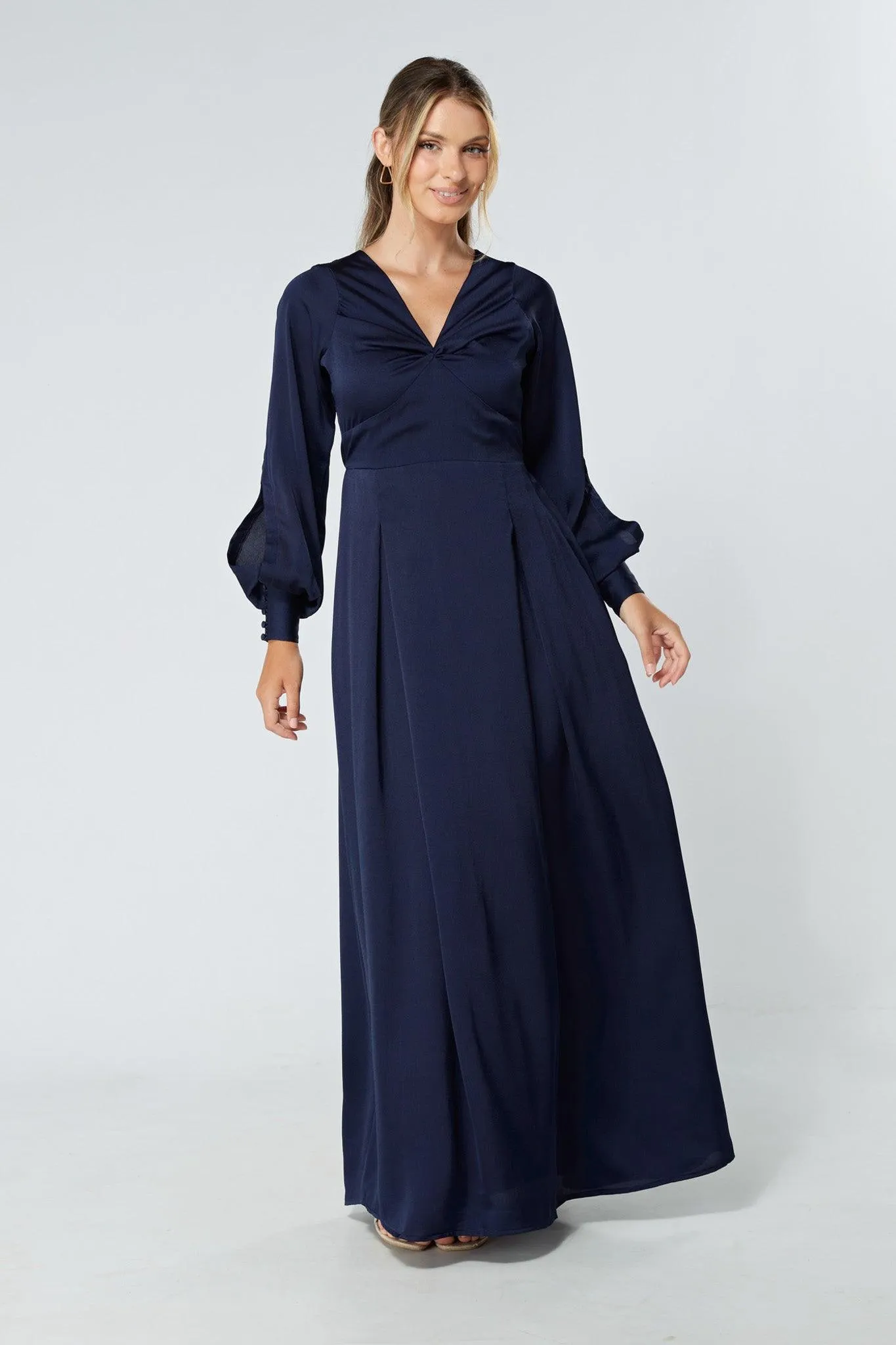 Delilah Navy Satin-Feel Crepe Maxi Dress With Ruched Sleeves