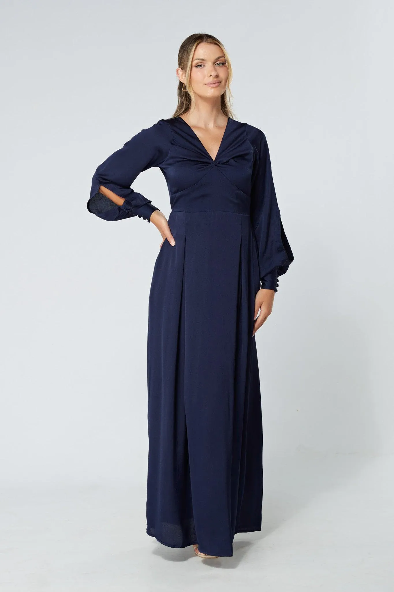 Delilah Navy Satin-Feel Crepe Maxi Dress With Ruched Sleeves