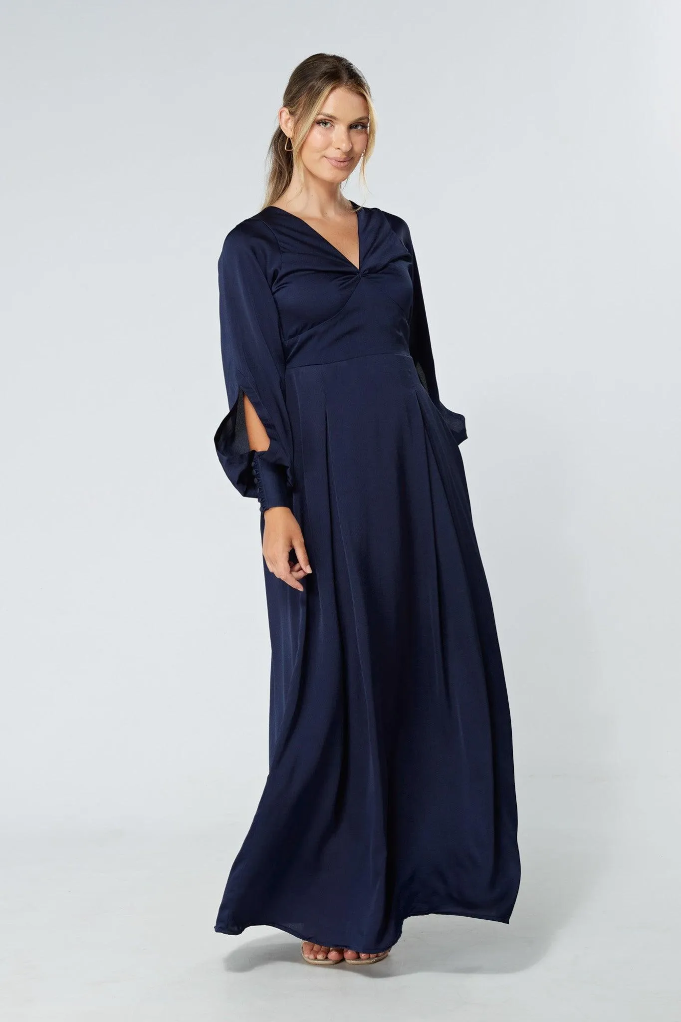 Delilah Navy Satin-Feel Crepe Maxi Dress With Ruched Sleeves