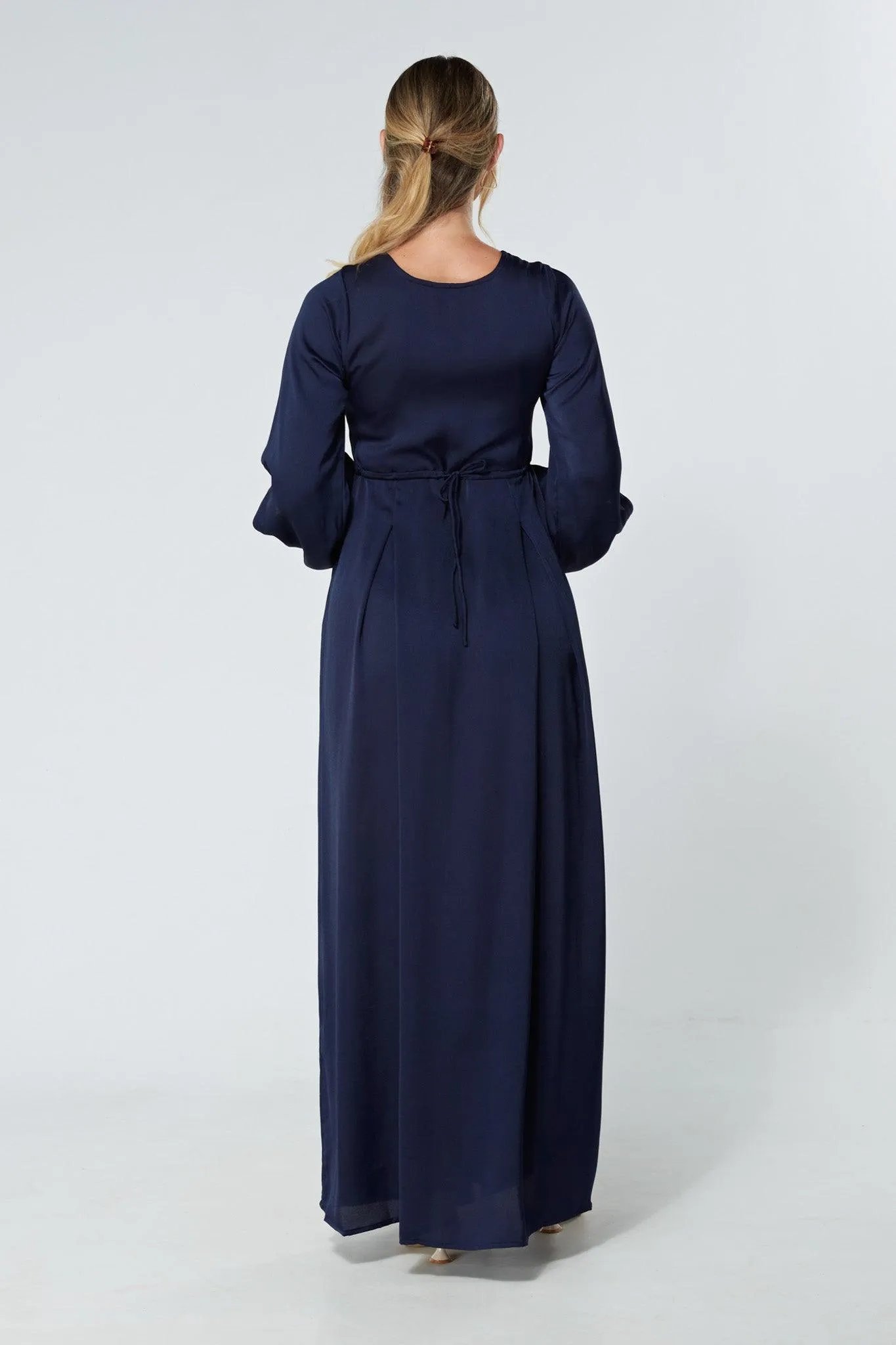 Delilah Navy Satin-Feel Crepe Maxi Dress With Ruched Sleeves