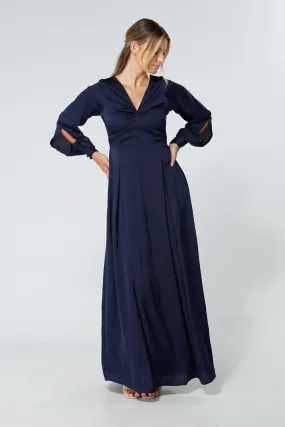 Delilah Navy Satin-Feel Crepe Maxi Dress With Ruched Sleeves