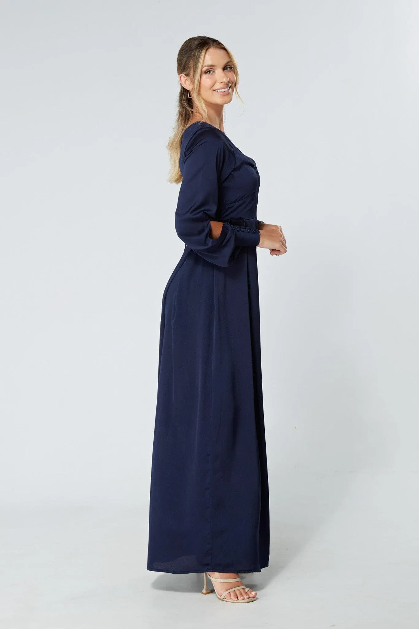 Delilah Navy Satin-Feel Crepe Maxi Dress With Ruched Sleeves