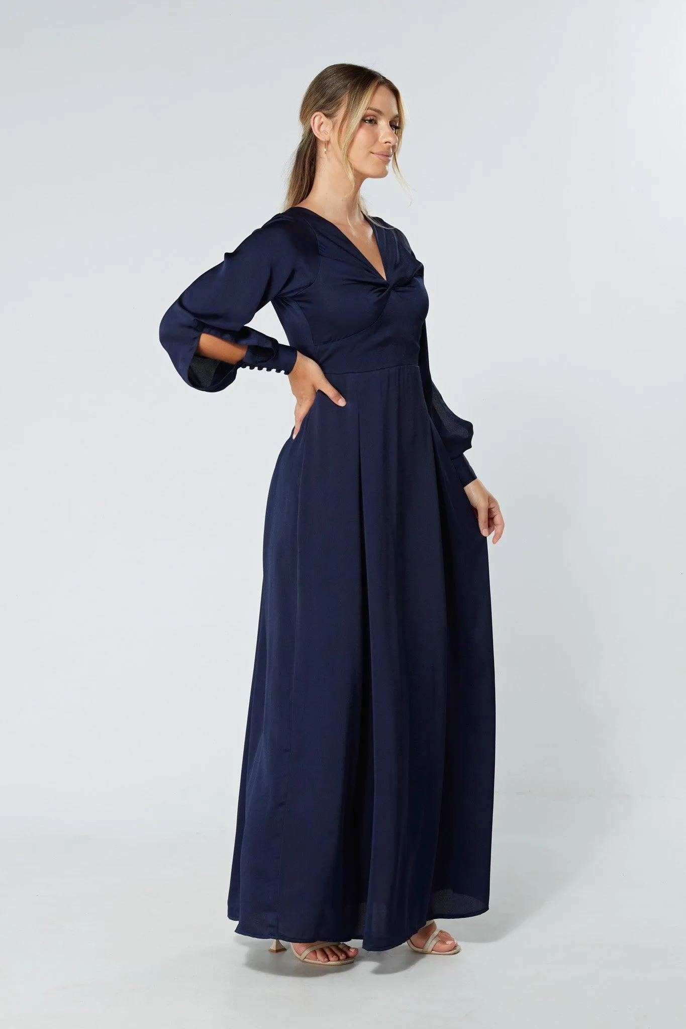 Delilah Navy Satin-Feel Crepe Maxi Dress With Ruched Sleeves