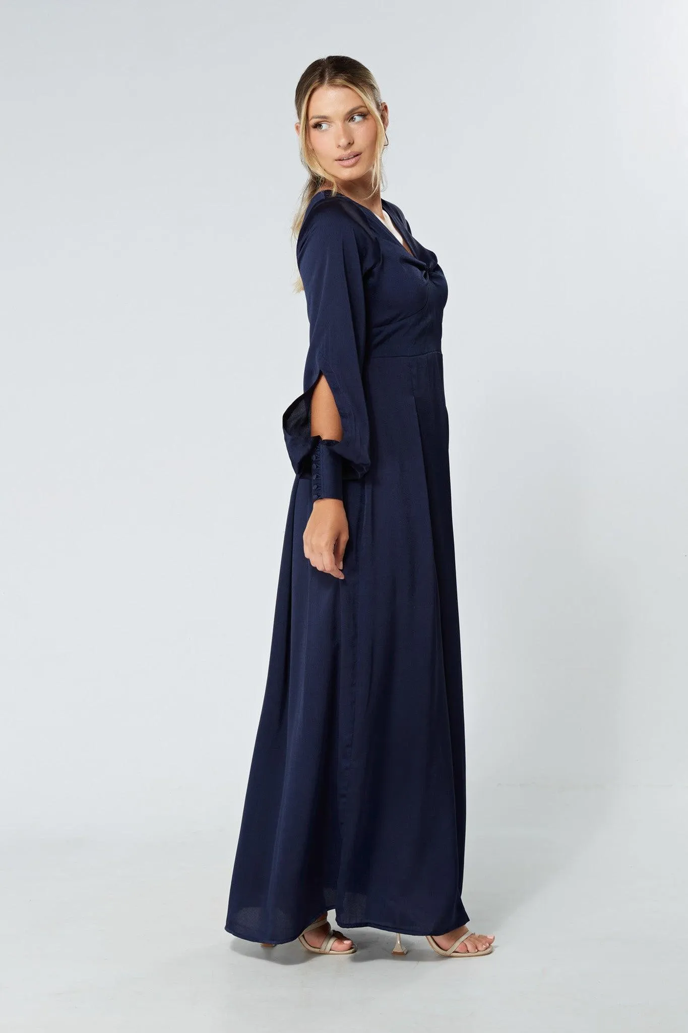 Delilah Navy Satin-Feel Crepe Maxi Dress With Ruched Sleeves