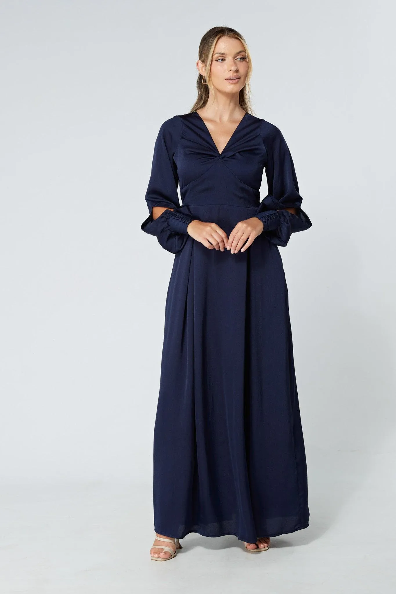 Delilah Navy Satin-Feel Crepe Maxi Dress With Ruched Sleeves