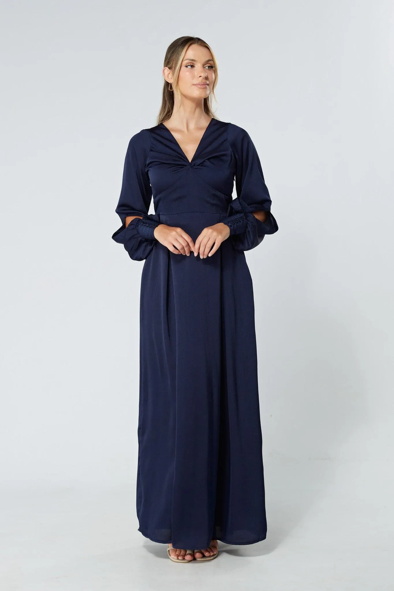 Delilah Navy Satin-Feel Crepe Maxi Dress With Ruched Sleeves