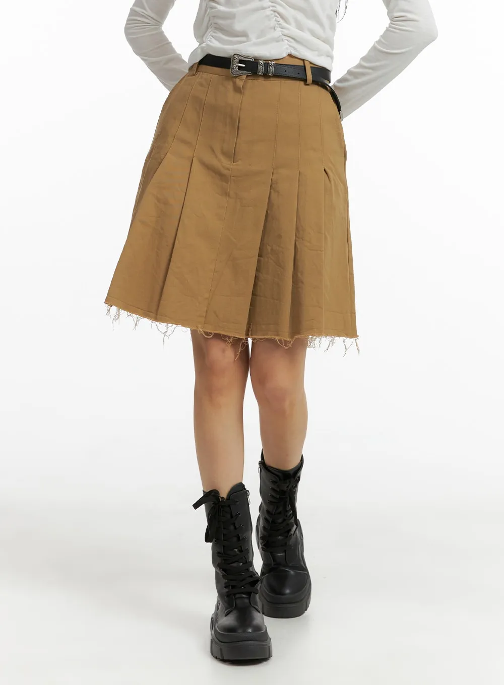 Destroyed Hem Pleated Midi Skirt CM407