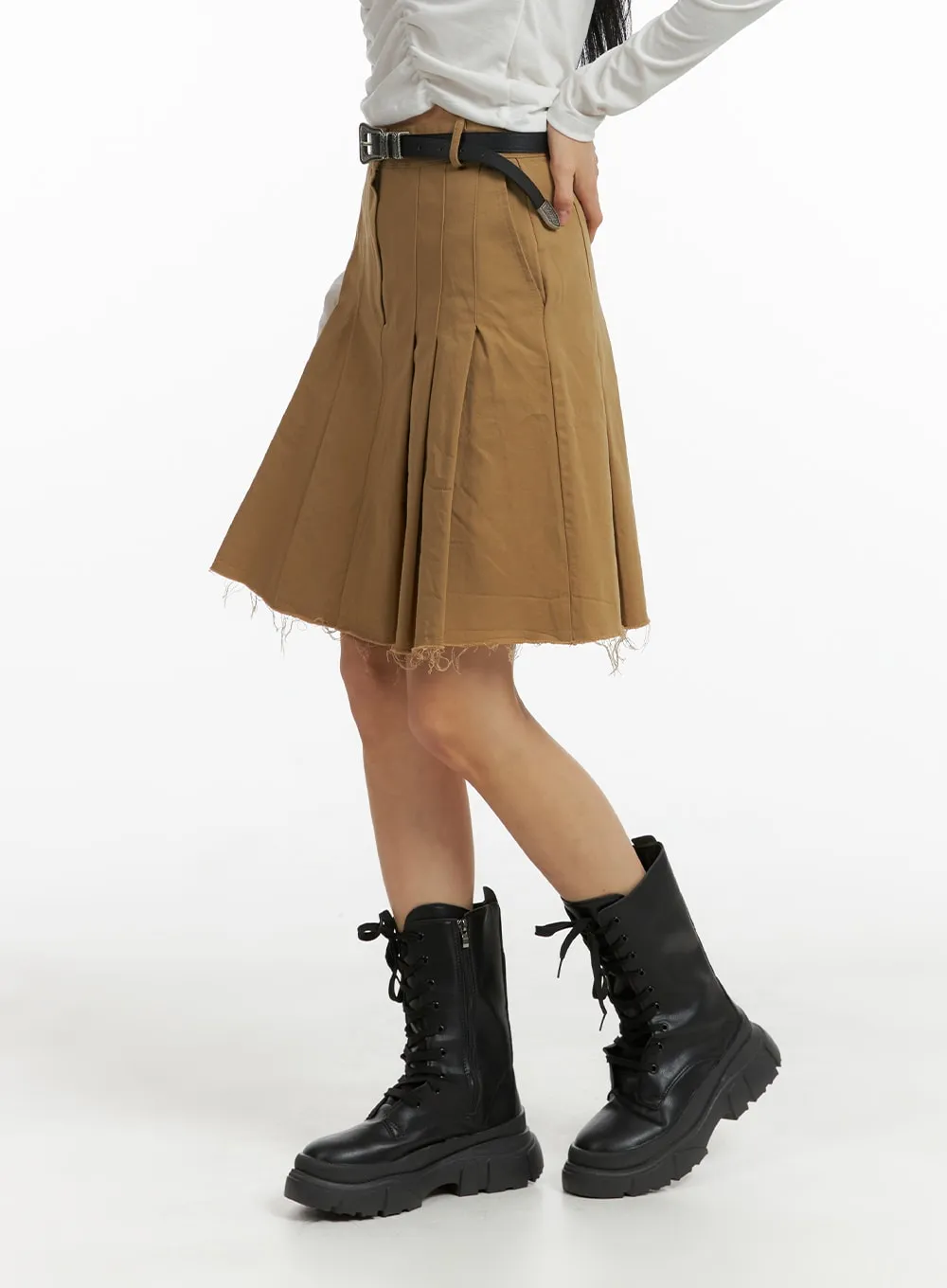 Destroyed Hem Pleated Midi Skirt CM407