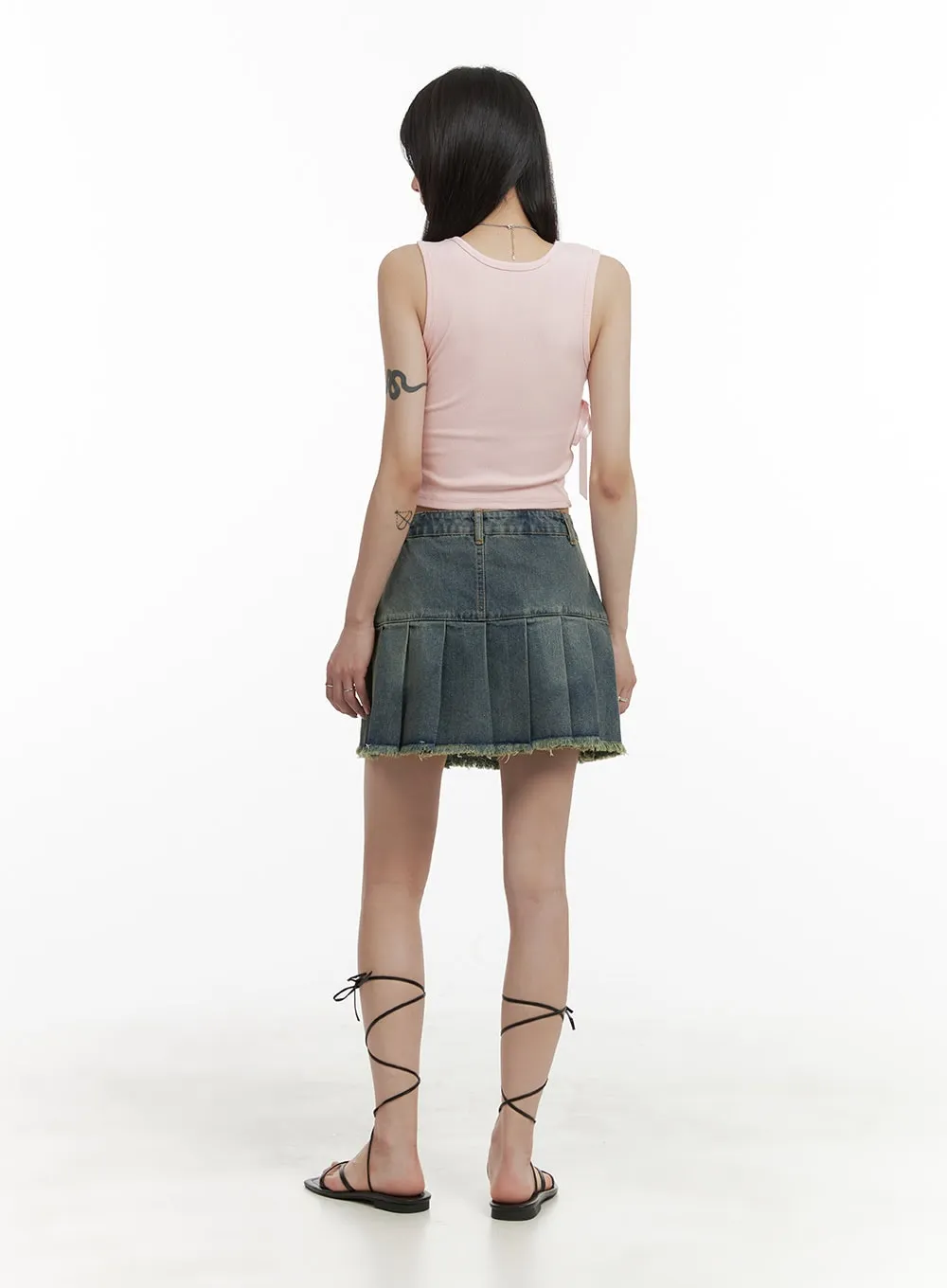 Destroyed Pleated Mini Denim Skirt OA426