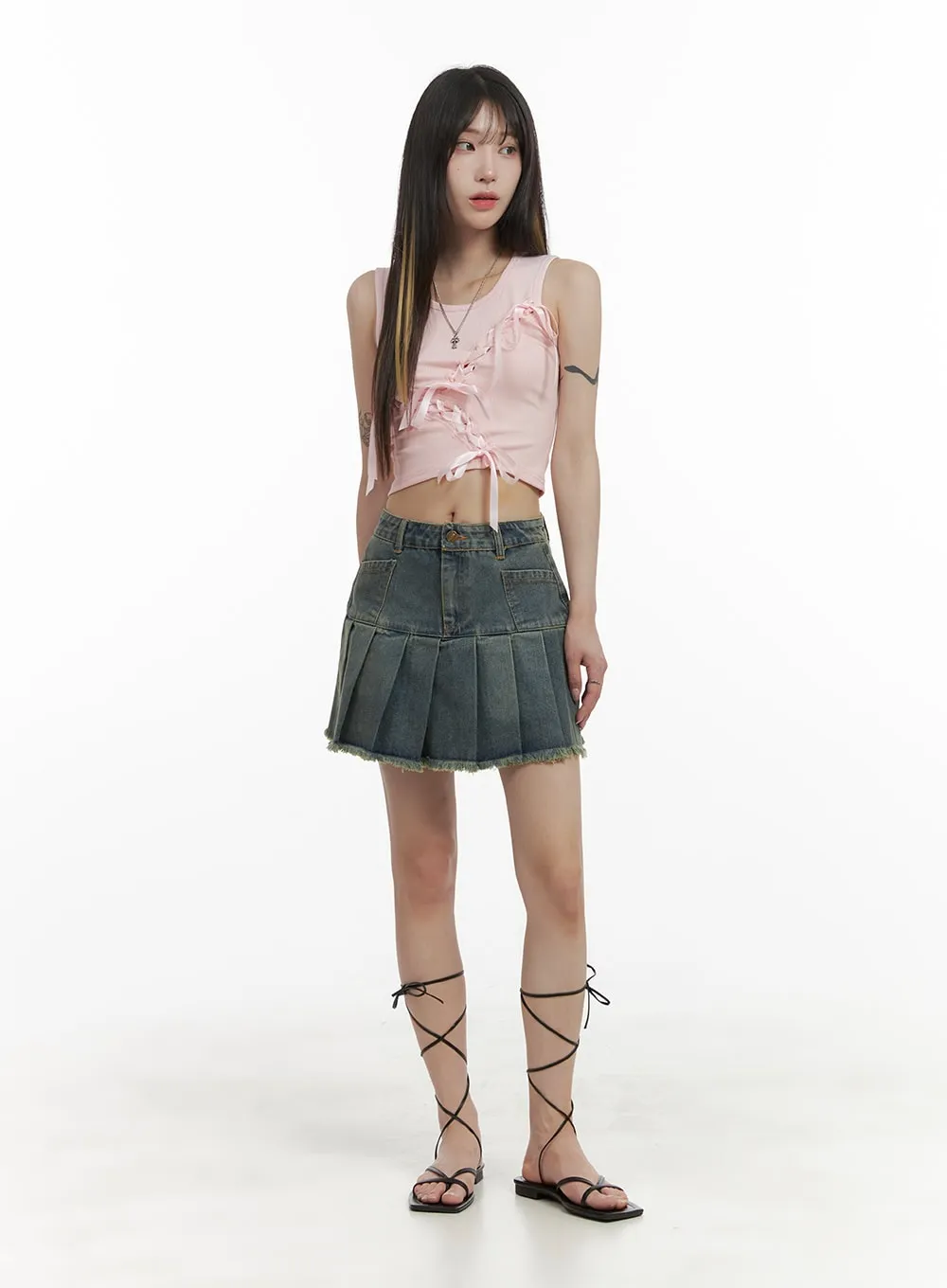 Destroyed Pleated Mini Denim Skirt OA426