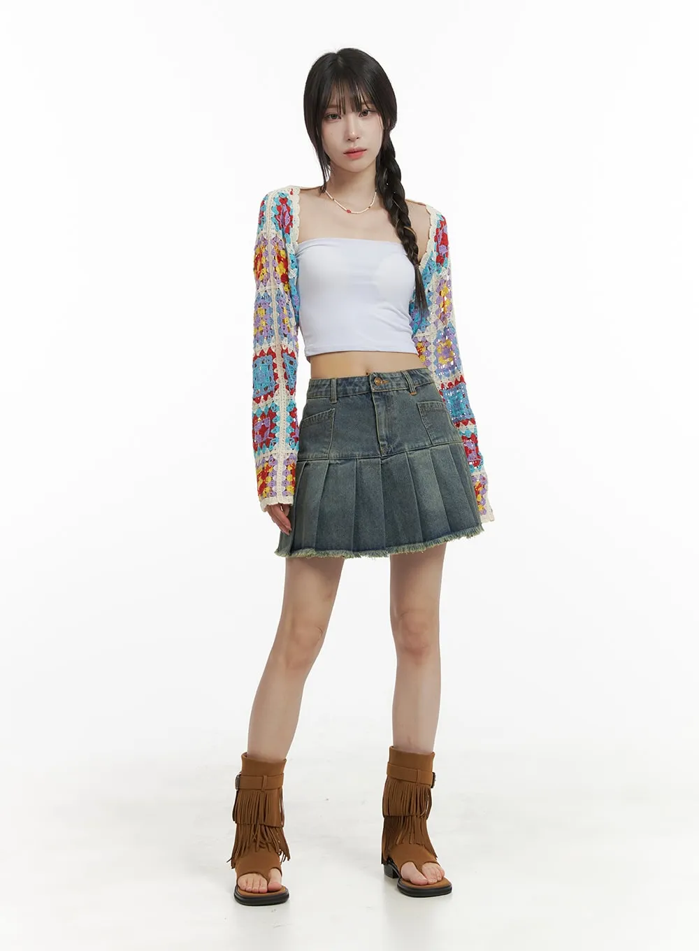 Destroyed Pleated Mini Denim Skirt OA426