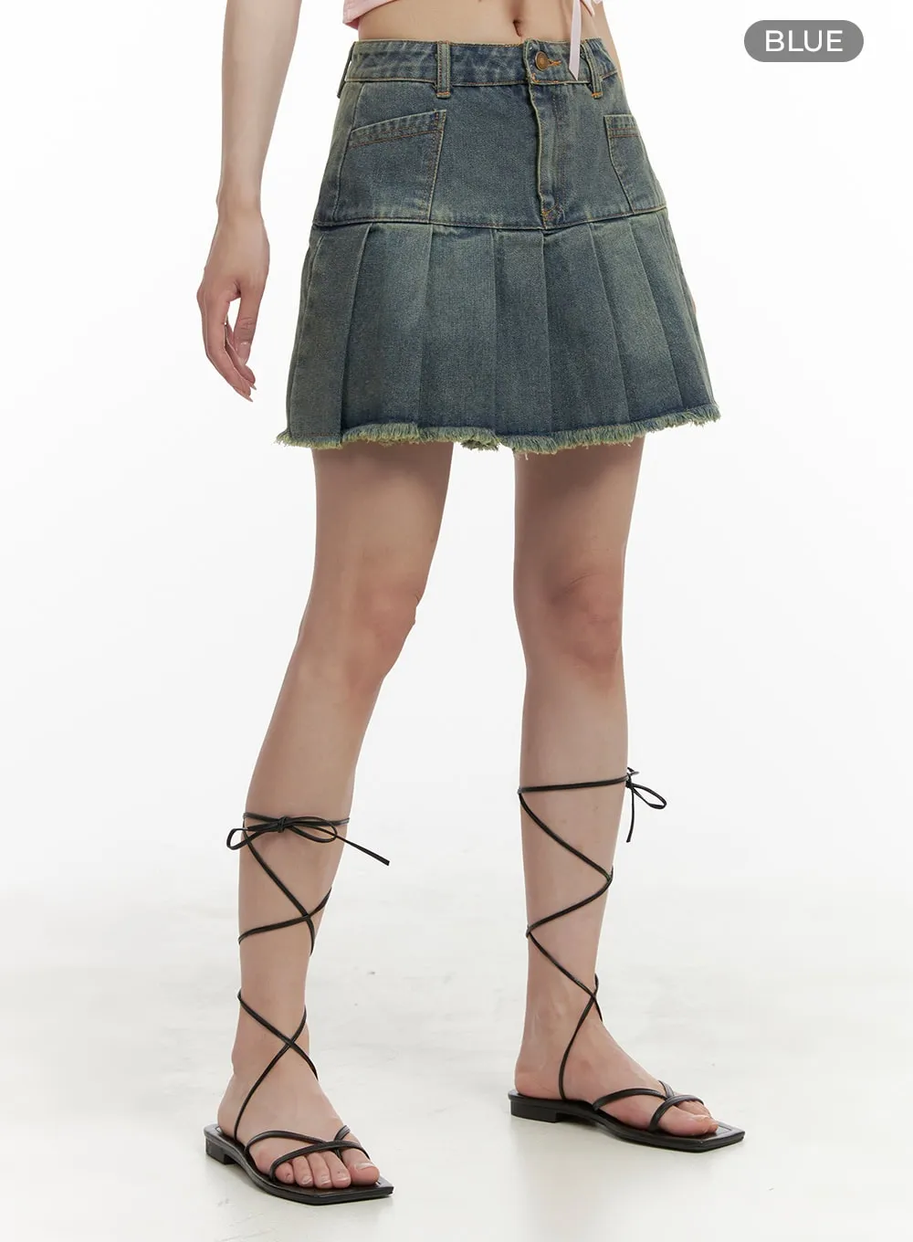 Destroyed Pleated Mini Denim Skirt OA426