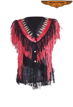 Dream Apparel Womens Leather Vest with Black & Red Fringes