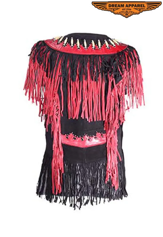 Dream Apparel Womens Leather Vest with Black & Red Fringes