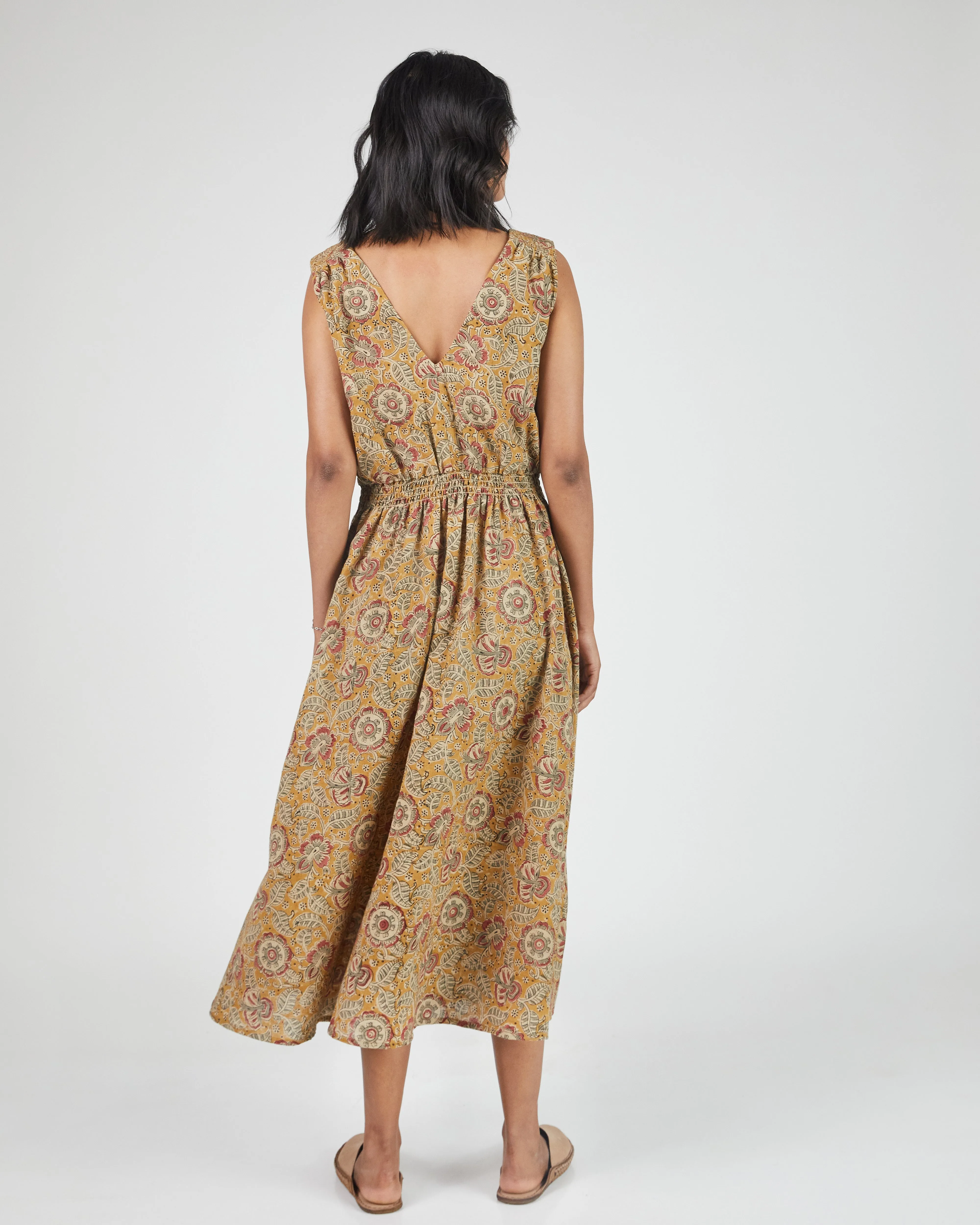 Eesha V Dress in Kalamkari Floral Yellow Sage