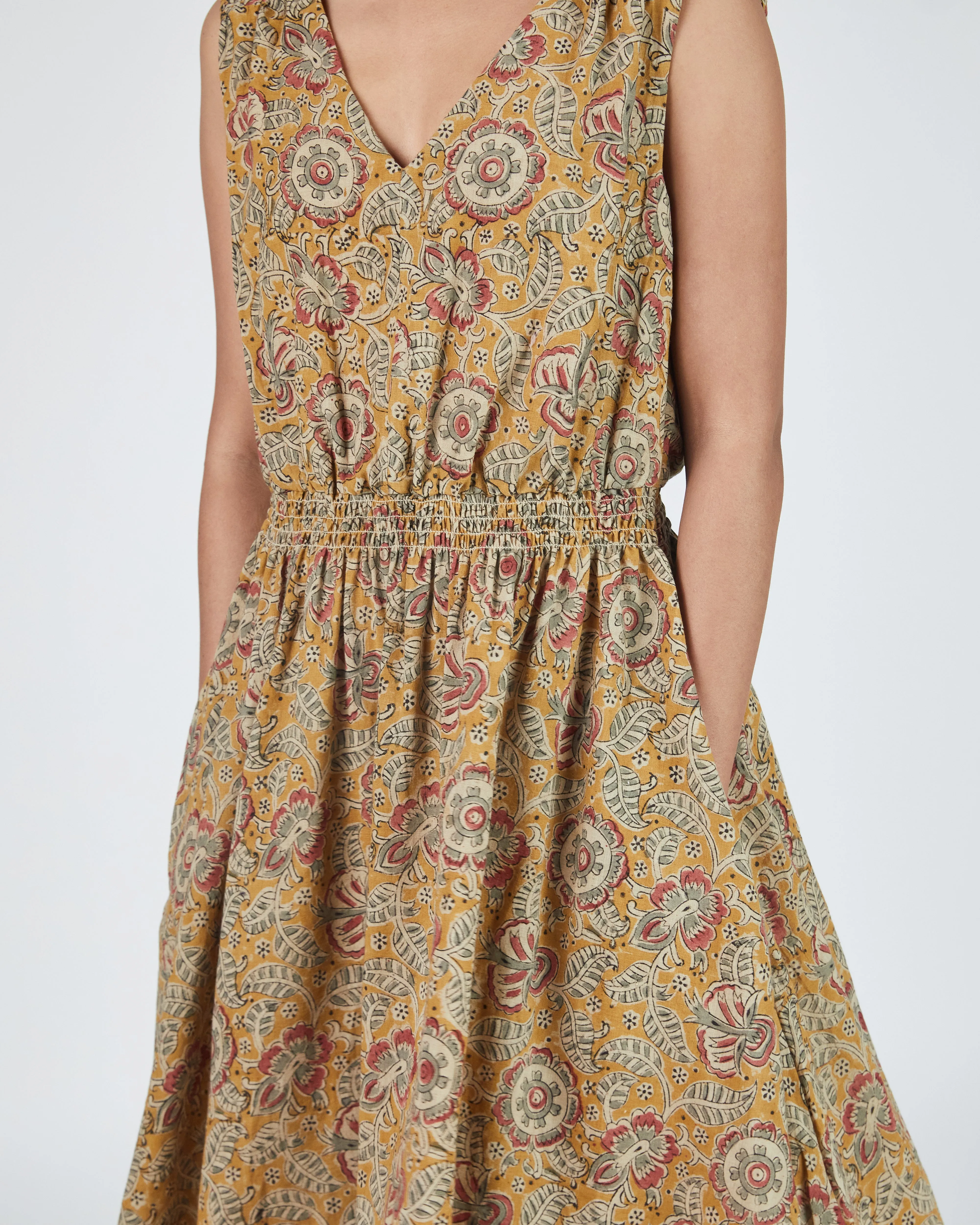 Eesha V Dress in Kalamkari Floral Yellow Sage