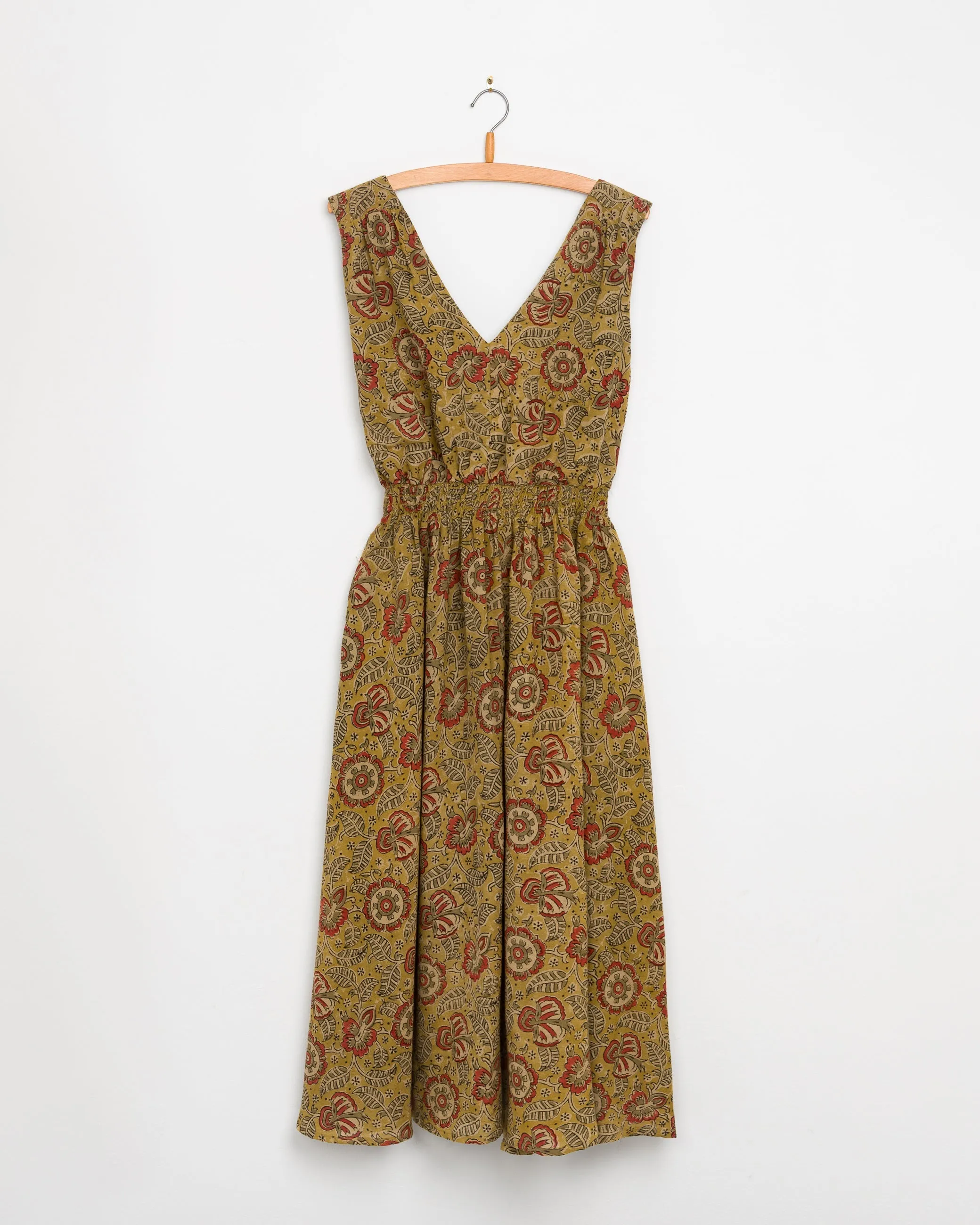 Eesha V Dress in Kalamkari Floral Yellow Sage