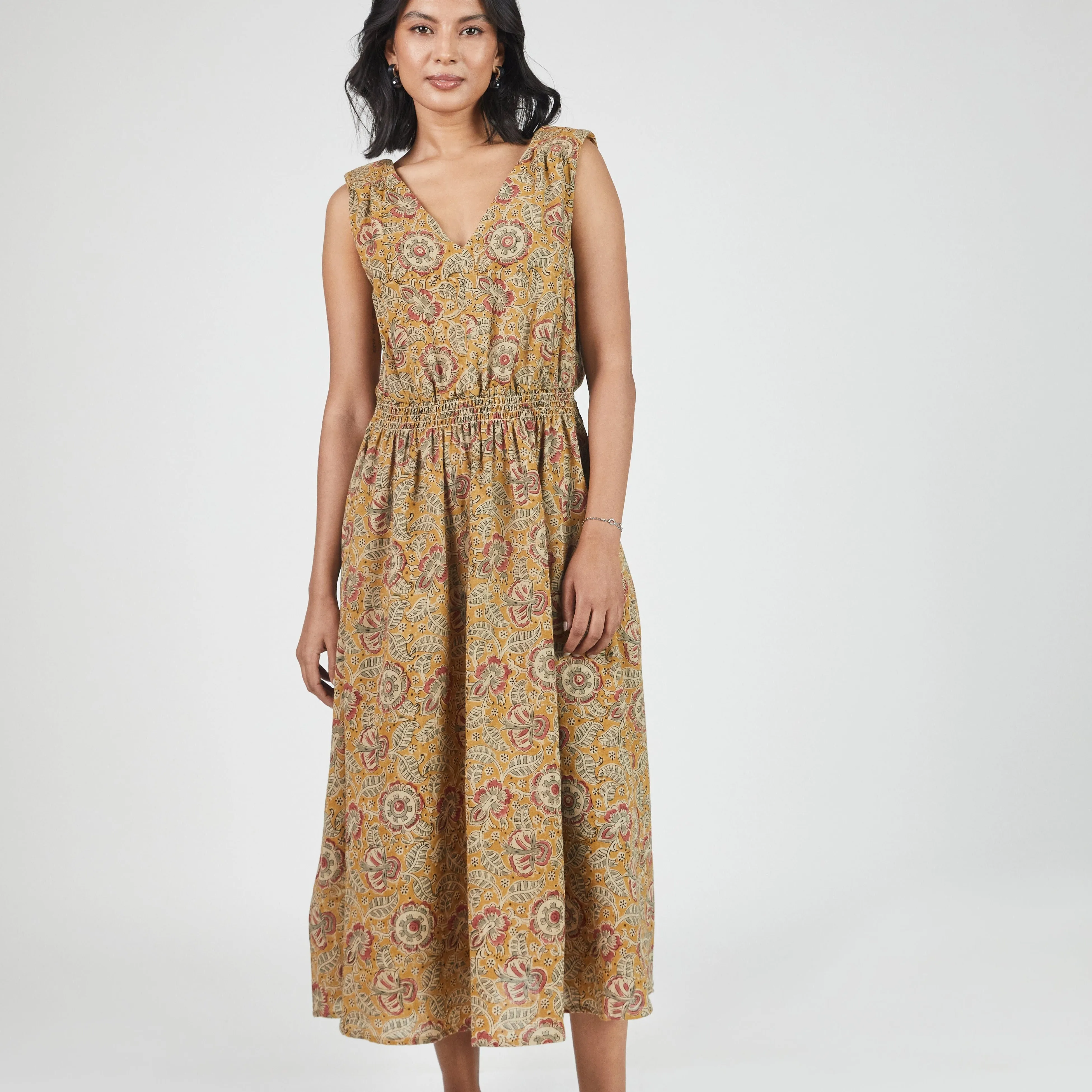 Eesha V Dress in Kalamkari Floral Yellow Sage