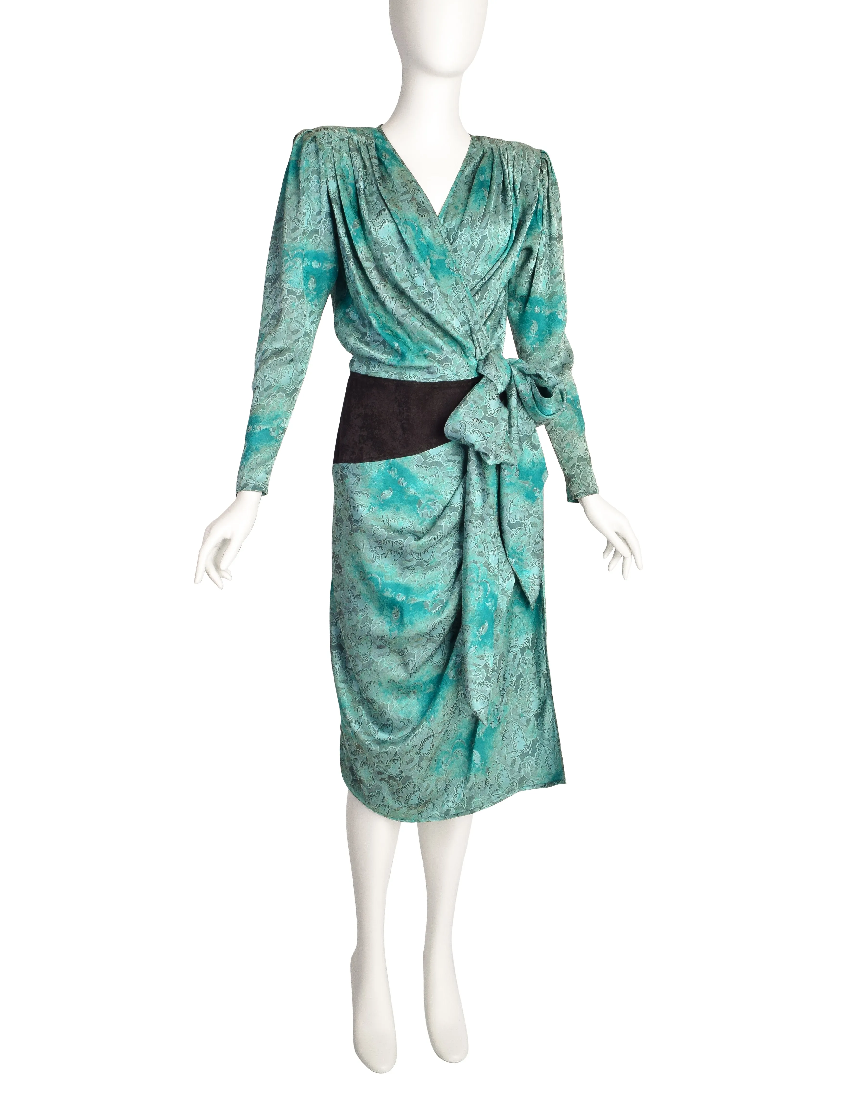 Emanuel Ungaro Vintage AW 1985 Mint Turquoise Black Floral Silk Jacquard Draped Wrap Dress