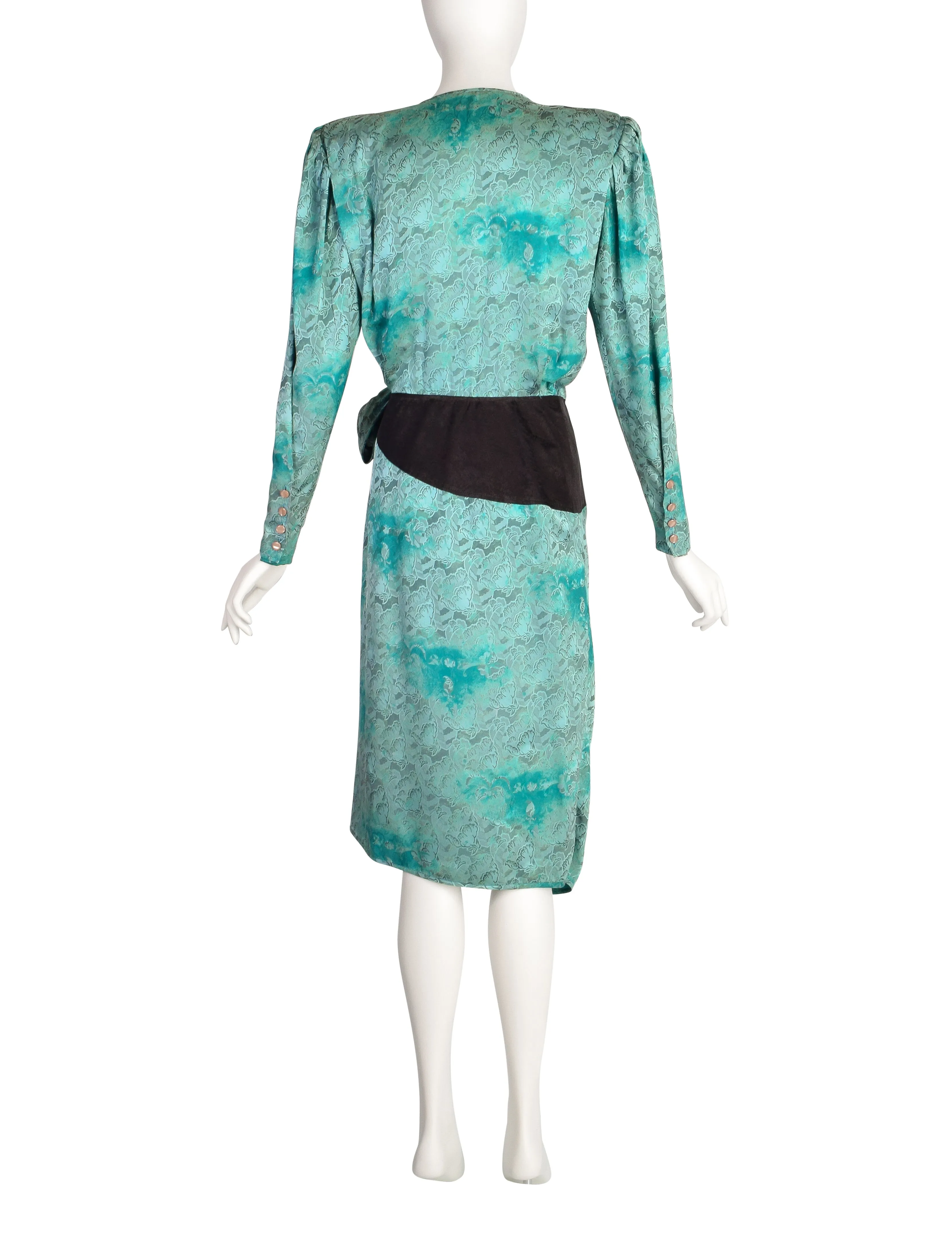 Emanuel Ungaro Vintage AW 1985 Mint Turquoise Black Floral Silk Jacquard Draped Wrap Dress