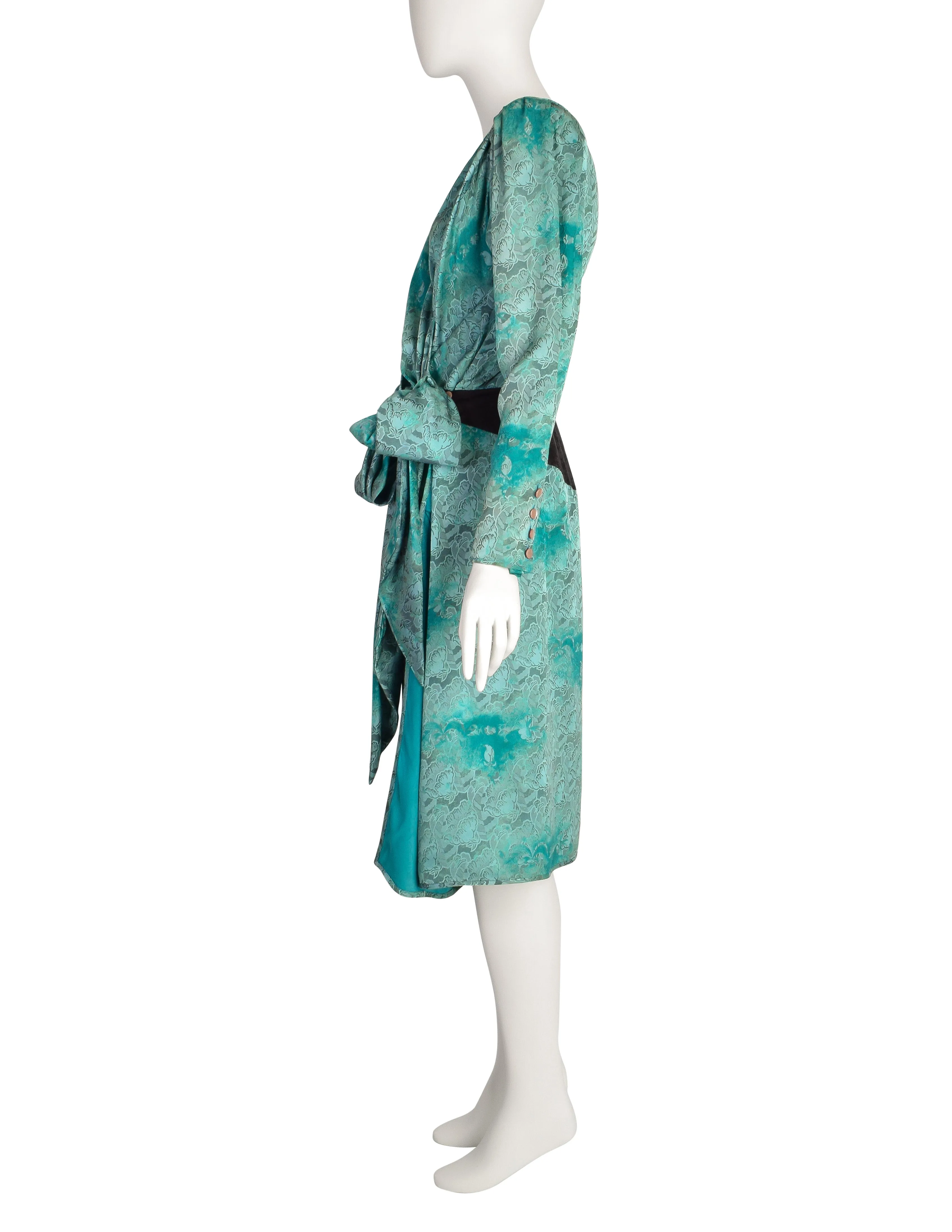 Emanuel Ungaro Vintage AW 1985 Mint Turquoise Black Floral Silk Jacquard Draped Wrap Dress