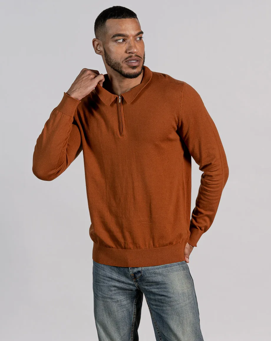 ESSENTIAL LONG SLEEVE ZIPPED POLO TOP - HAZELNUT