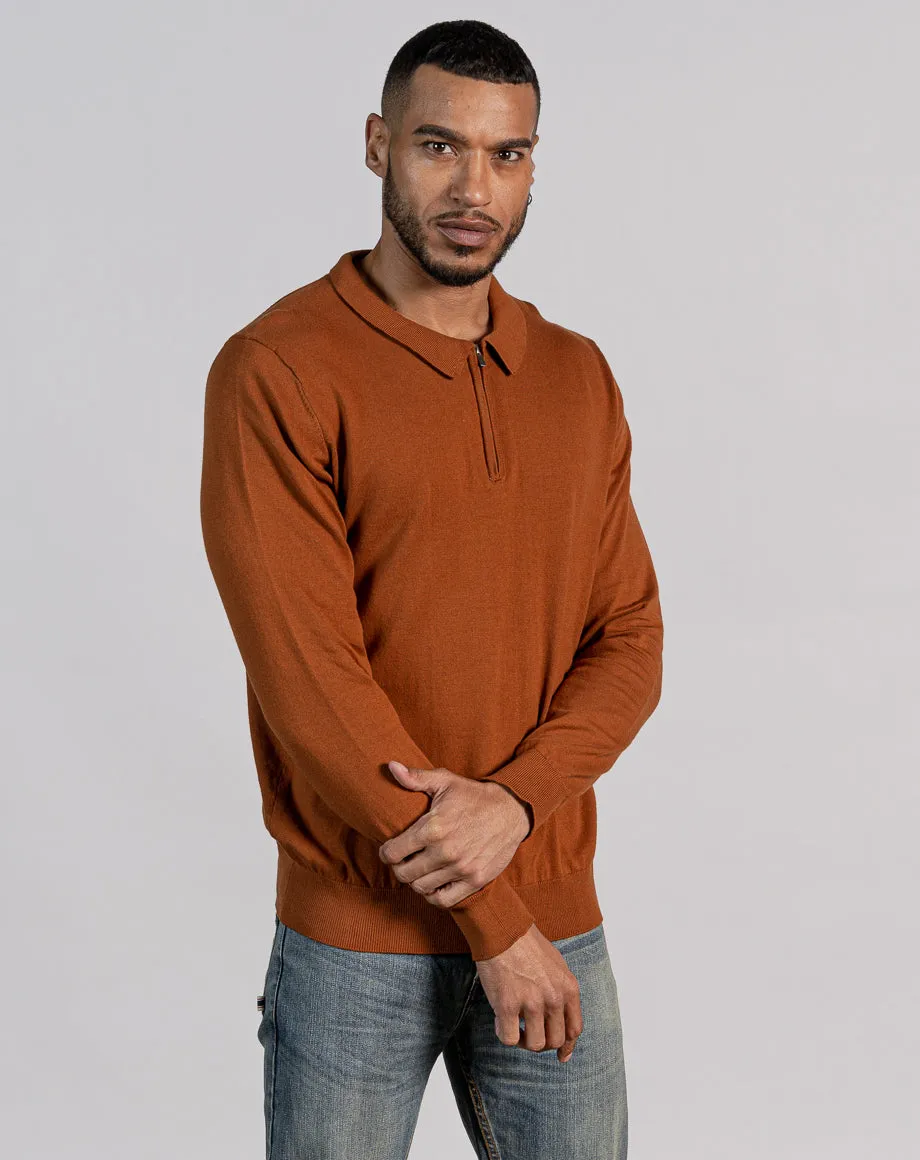 ESSENTIAL LONG SLEEVE ZIPPED POLO TOP - HAZELNUT