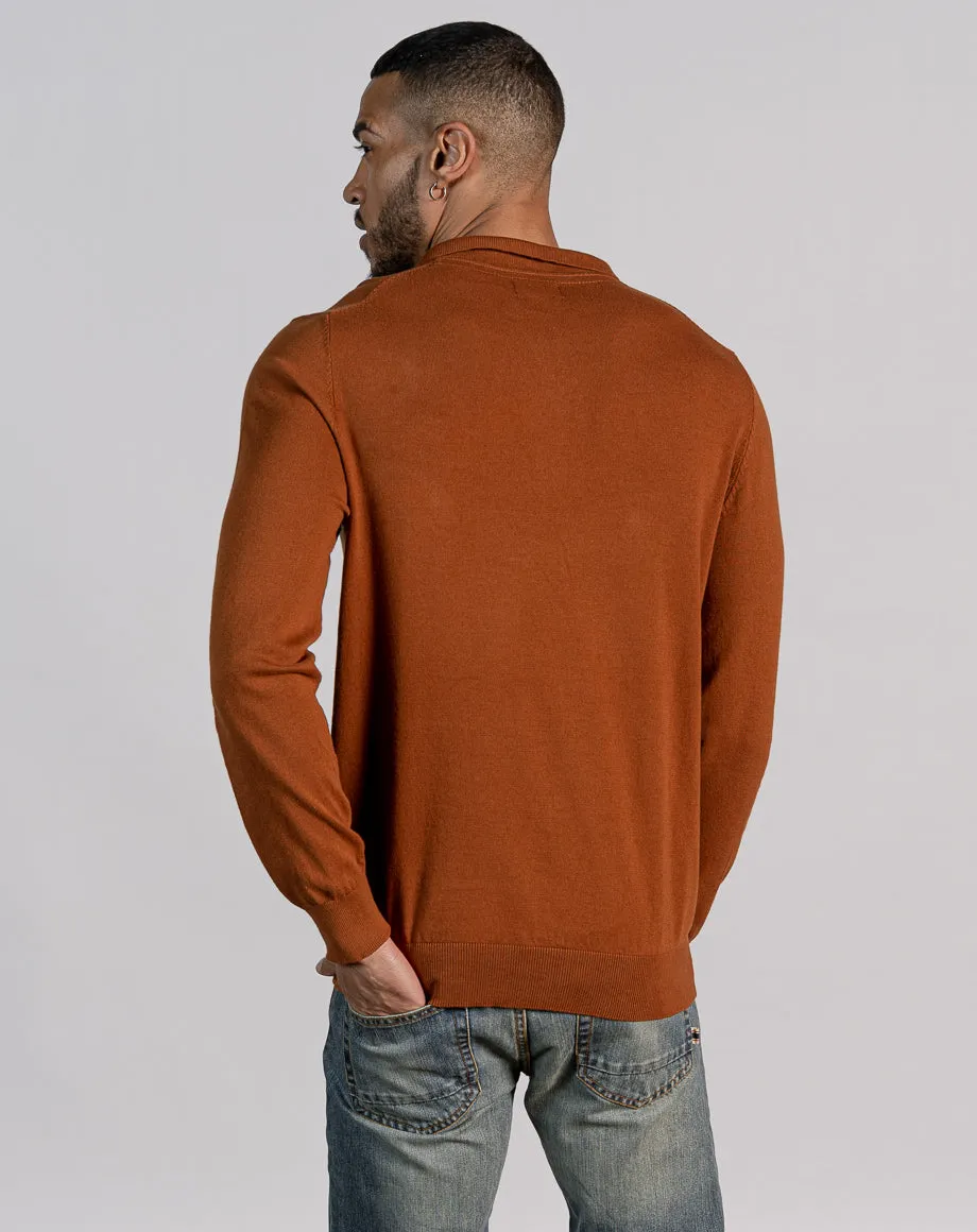 ESSENTIAL LONG SLEEVE ZIPPED POLO TOP - HAZELNUT