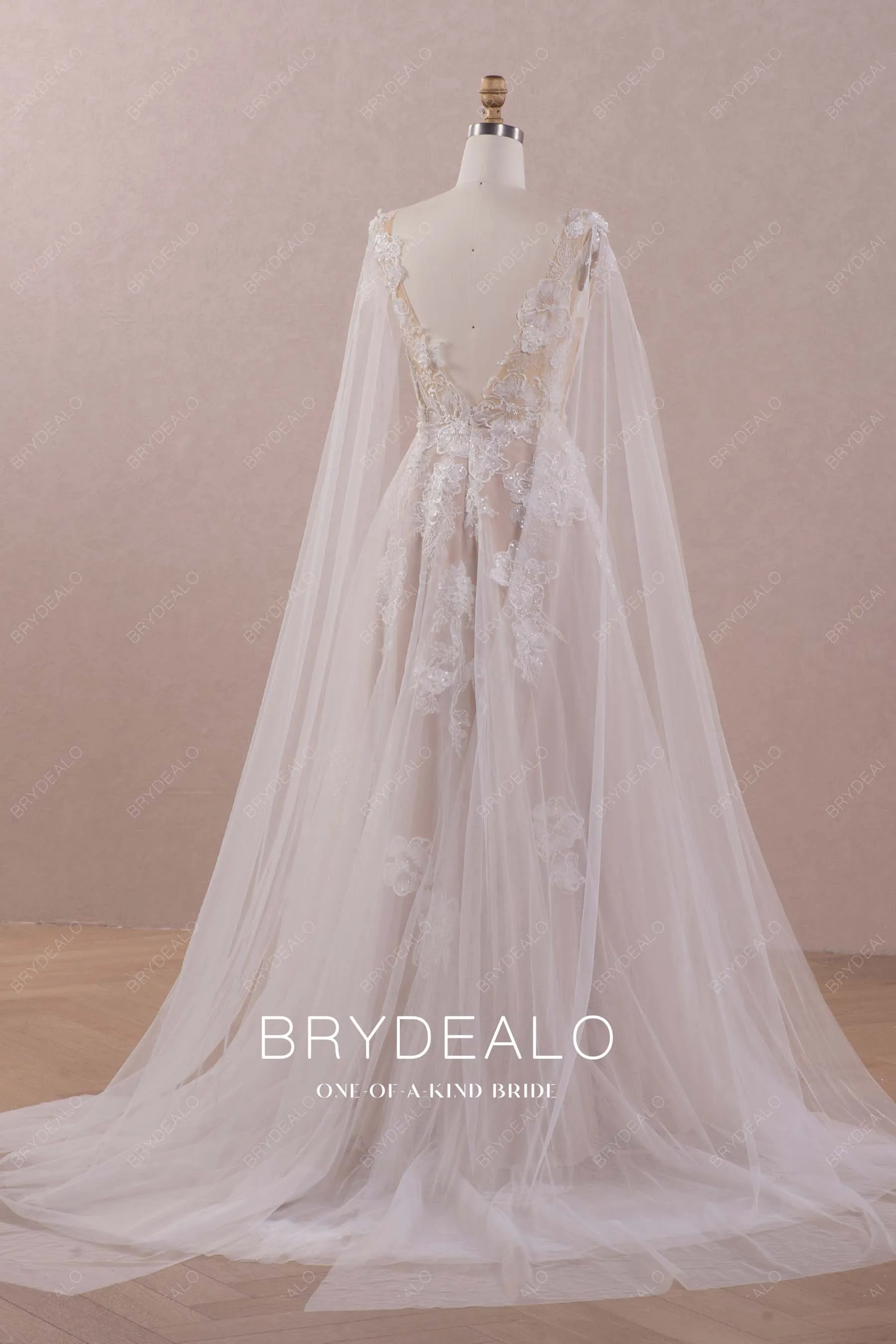 Ethereal 3D Flower Lace Detachable Shoulder Veil Wedding Dress