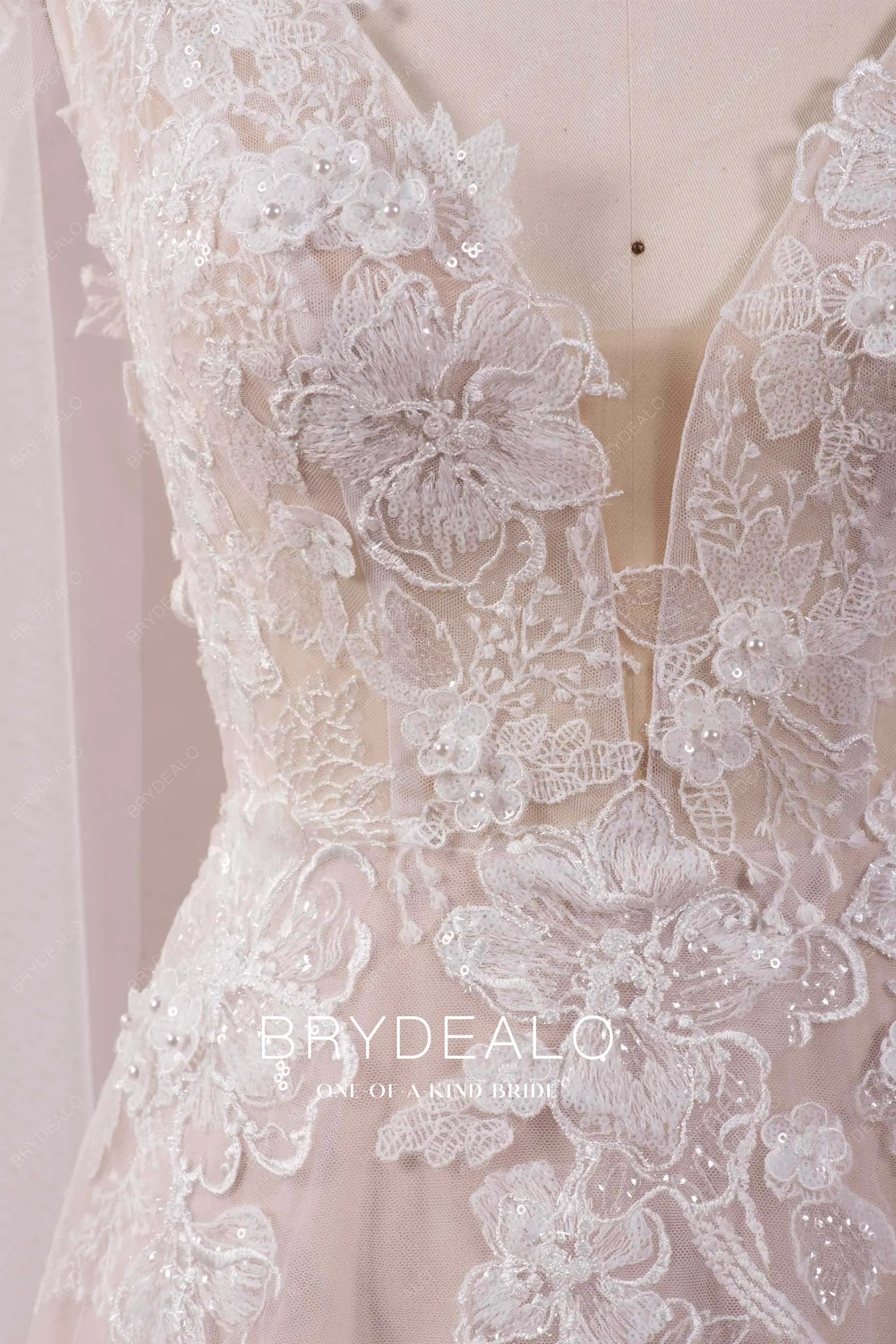 Ethereal 3D Flower Lace Detachable Shoulder Veil Wedding Dress