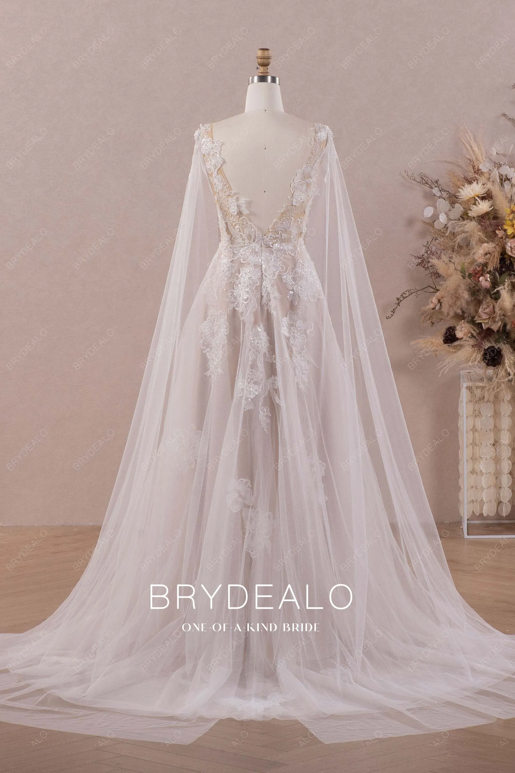 Ethereal 3D Flower Lace Detachable Shoulder Veil Wedding Dress