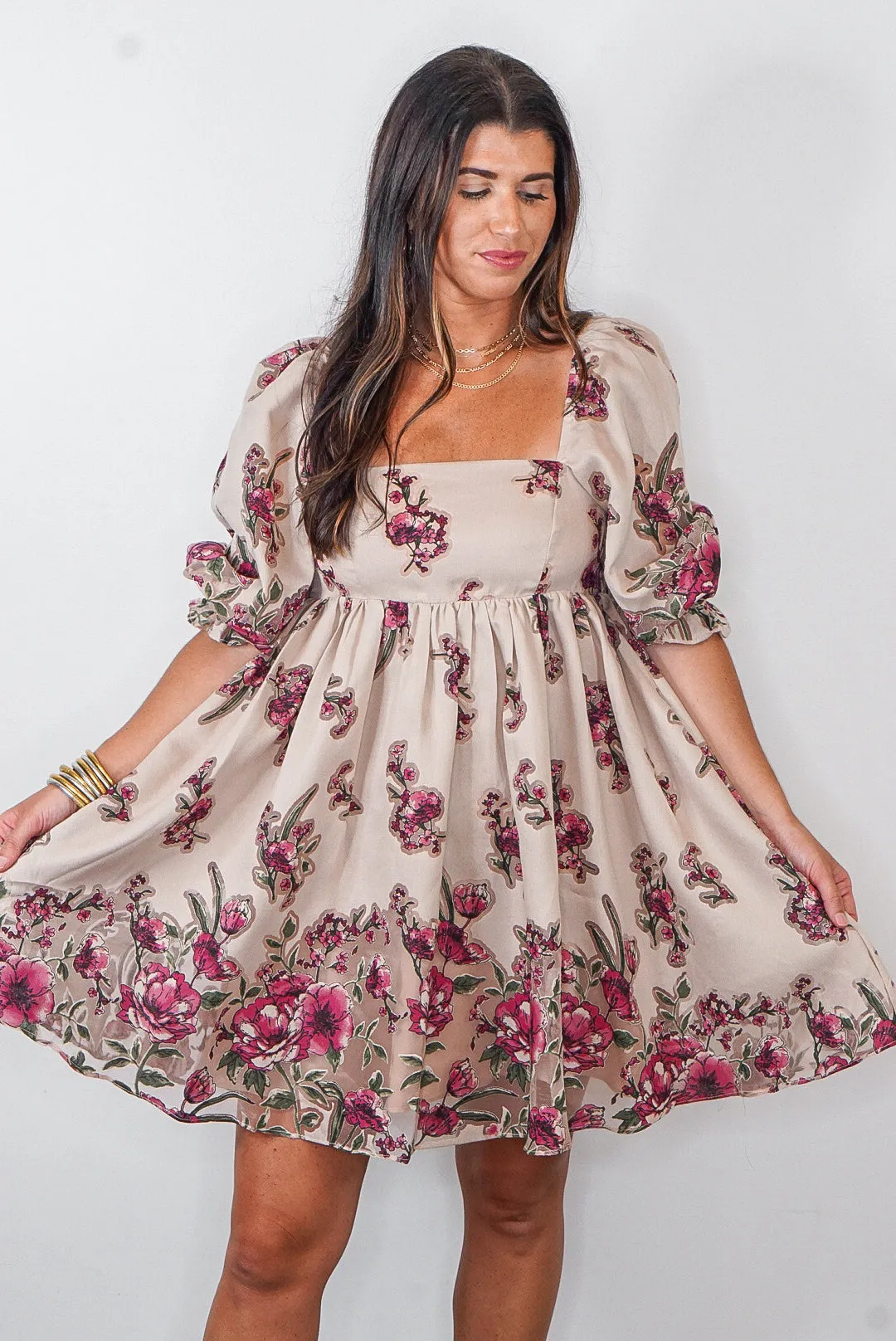 Floral Bouquet Beige Babydoll Dress