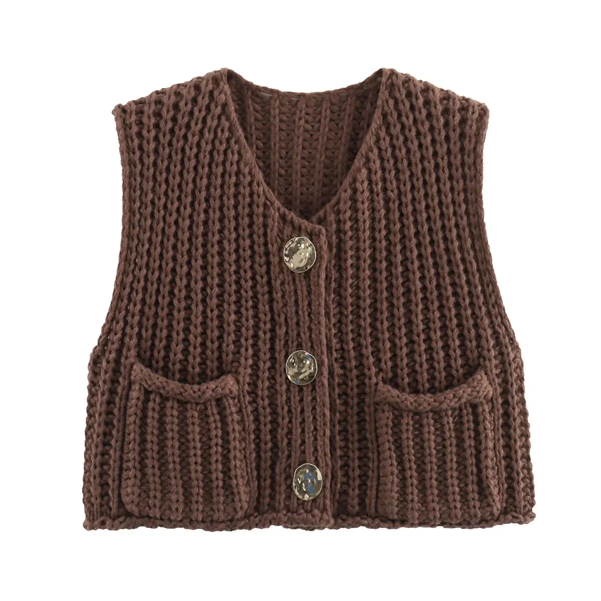 Flytonn-Casual Solid Round Neck Knitted Vest Women's Elegant Sleeveless Single-breasted Pocket Vests 2024 Female Commuting Knitwear