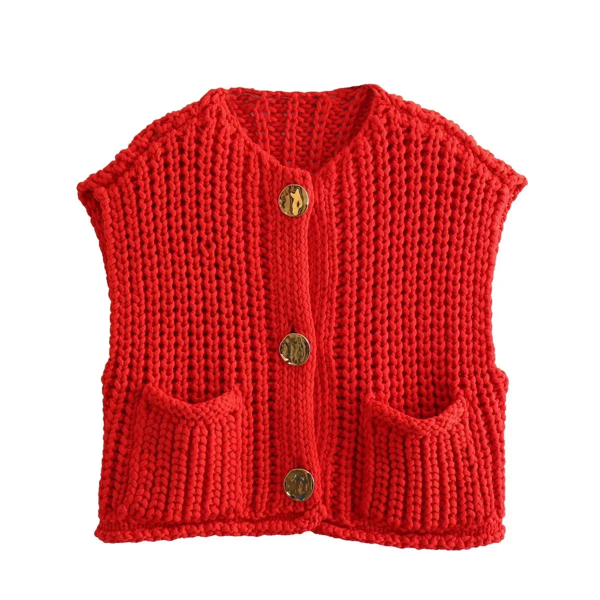 Flytonn-Casual Solid Round Neck Knitted Vest Women's Elegant Sleeveless Single-breasted Pocket Vests 2024 Female Commuting Knitwear