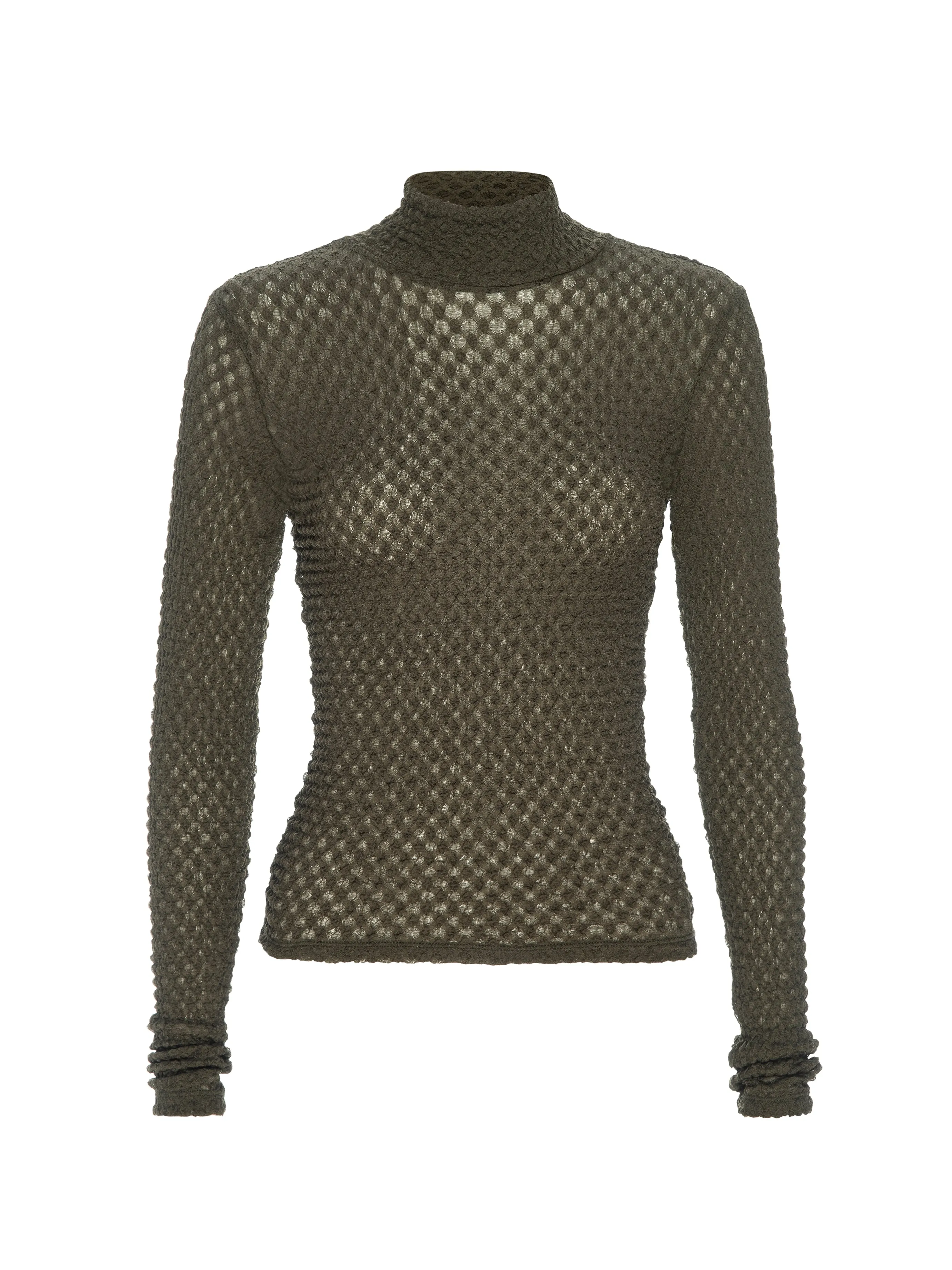 Frame - Mesh Lace Turtleneck in Rich Military Green