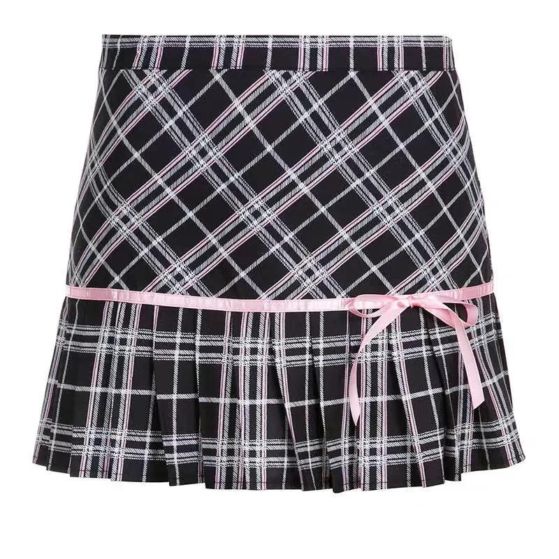 Girlary grunge outfits Japanese Style Sweet and Spicy Plaid Contrast Color Skirt Women's Low Waist A- line Bow Lace-up Preppy Style Pink Pleated Skirt Fashion