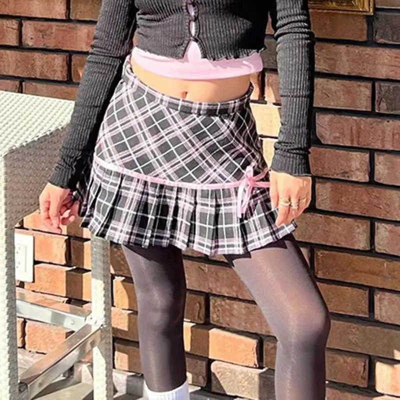 Girlary grunge outfits Japanese Style Sweet and Spicy Plaid Contrast Color Skirt Women's Low Waist A- line Bow Lace-up Preppy Style Pink Pleated Skirt Fashion