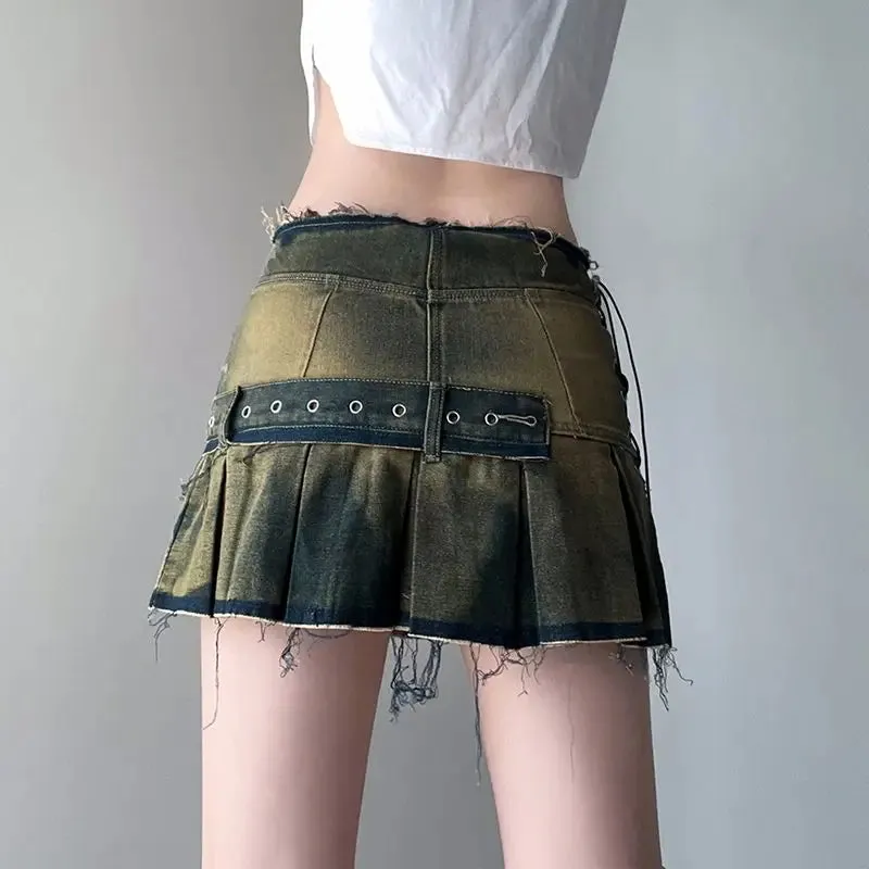 Girlary Punk Low Y2k Mini Pleated Skirt 2024 Autumn Hot Sexy Mini Dress Vintage Grunge 2000 Women's