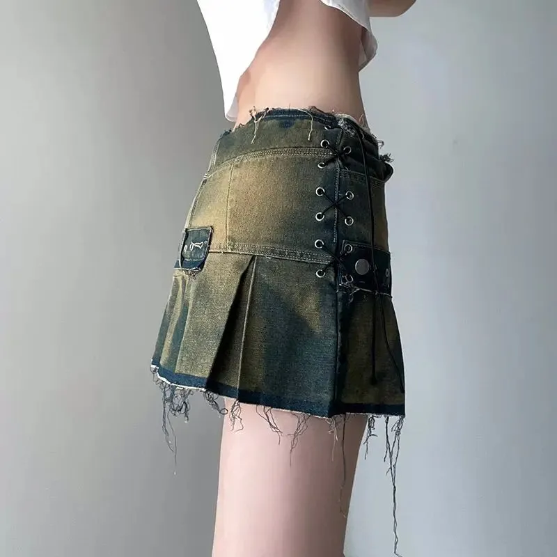 Girlary Punk Low Y2k Mini Pleated Skirt 2024 Autumn Hot Sexy Mini Dress Vintage Grunge 2000 Women's