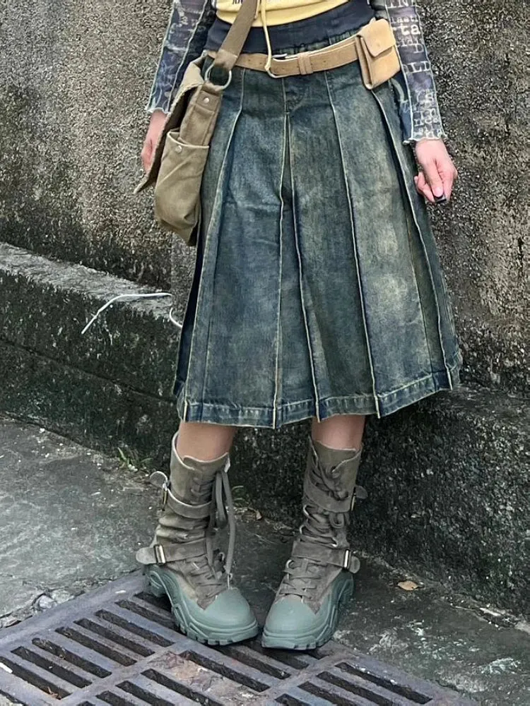 Girlary Women 2000s Harajuku Fashion Jean Midi Skirt Denim Midi Pleated A-line Skirts Dark Academia Y2k Preppy Japanese Grunge Gyaru New