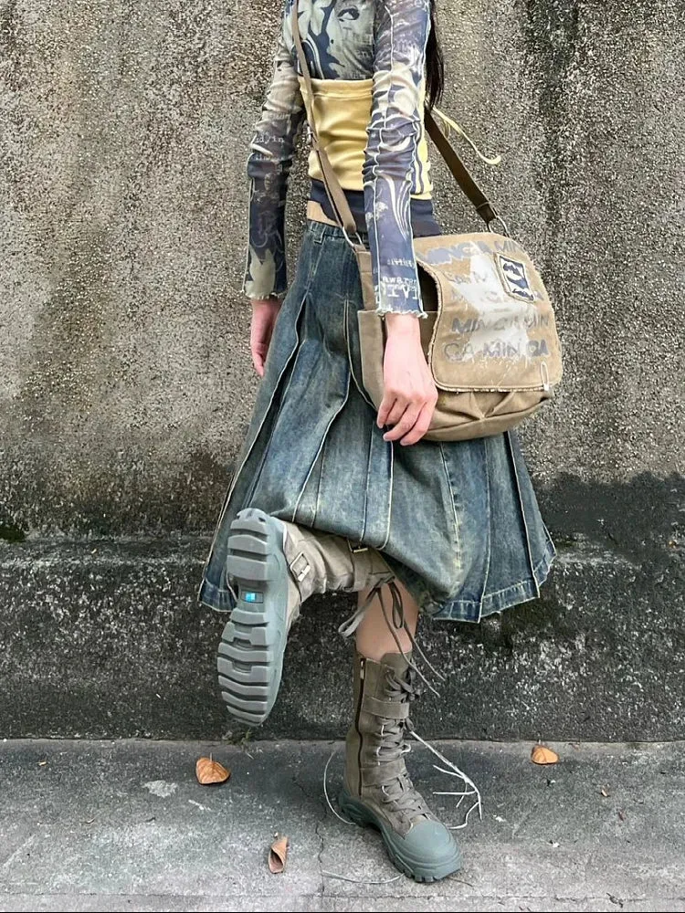 Girlary Women 2000s Harajuku Fashion Jean Midi Skirt Denim Midi Pleated A-line Skirts Dark Academia Y2k Preppy Japanese Grunge Gyaru New