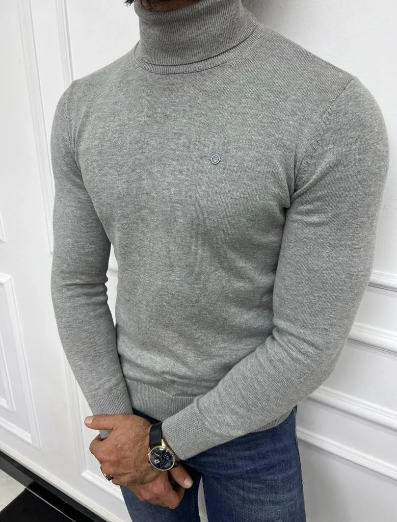 Gray Slim Fit Turtleneck Sweater for Men | GentWith.com